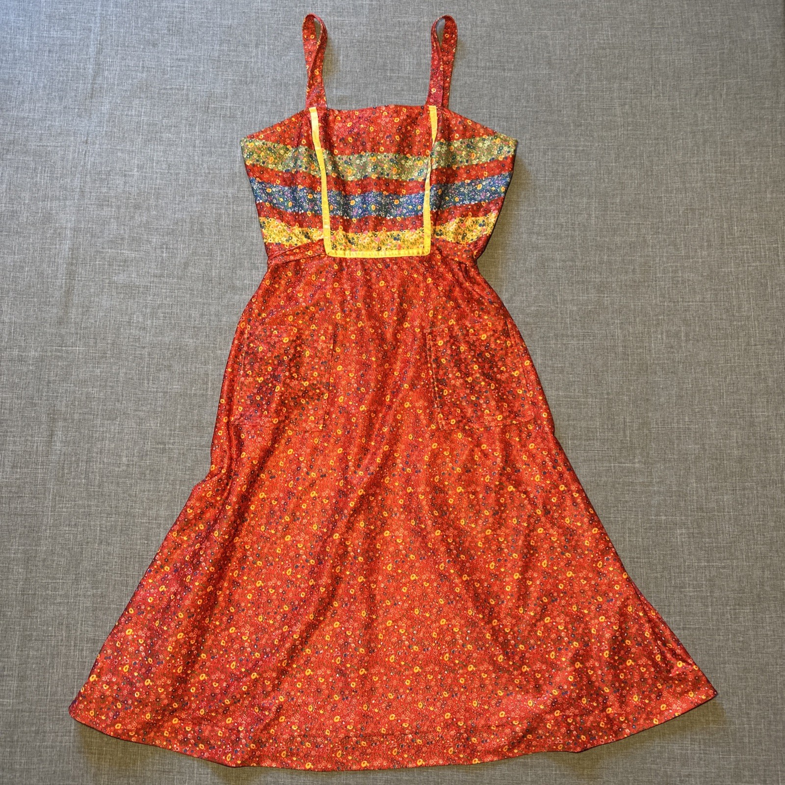 Vintage Kitty 70’s Red Floral Summer Boho Pocket Jumper Dress S