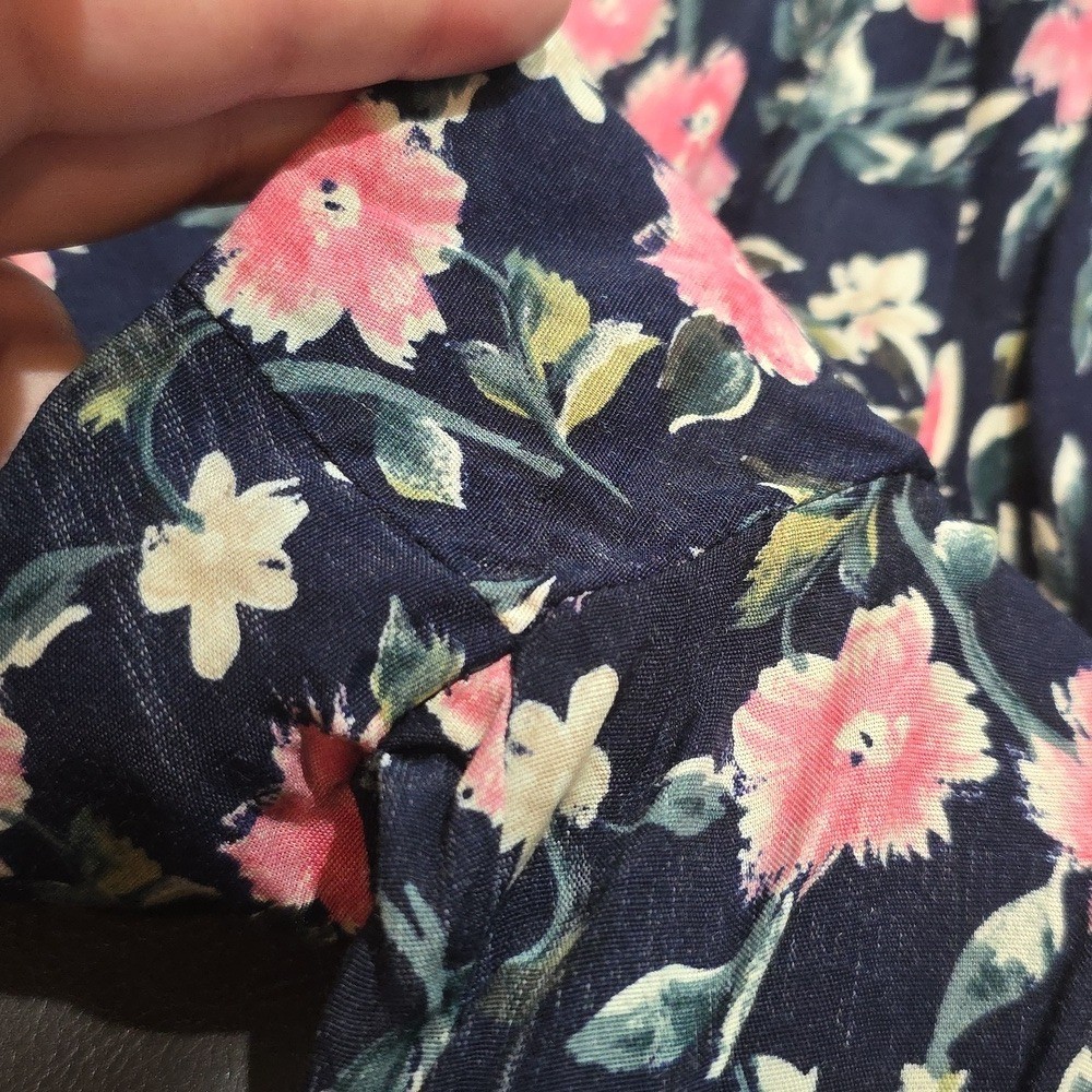 *Flawed* 80s Vintage Cottagecore Navy Pink Floral Rayon Maxi Dress ED Michaels