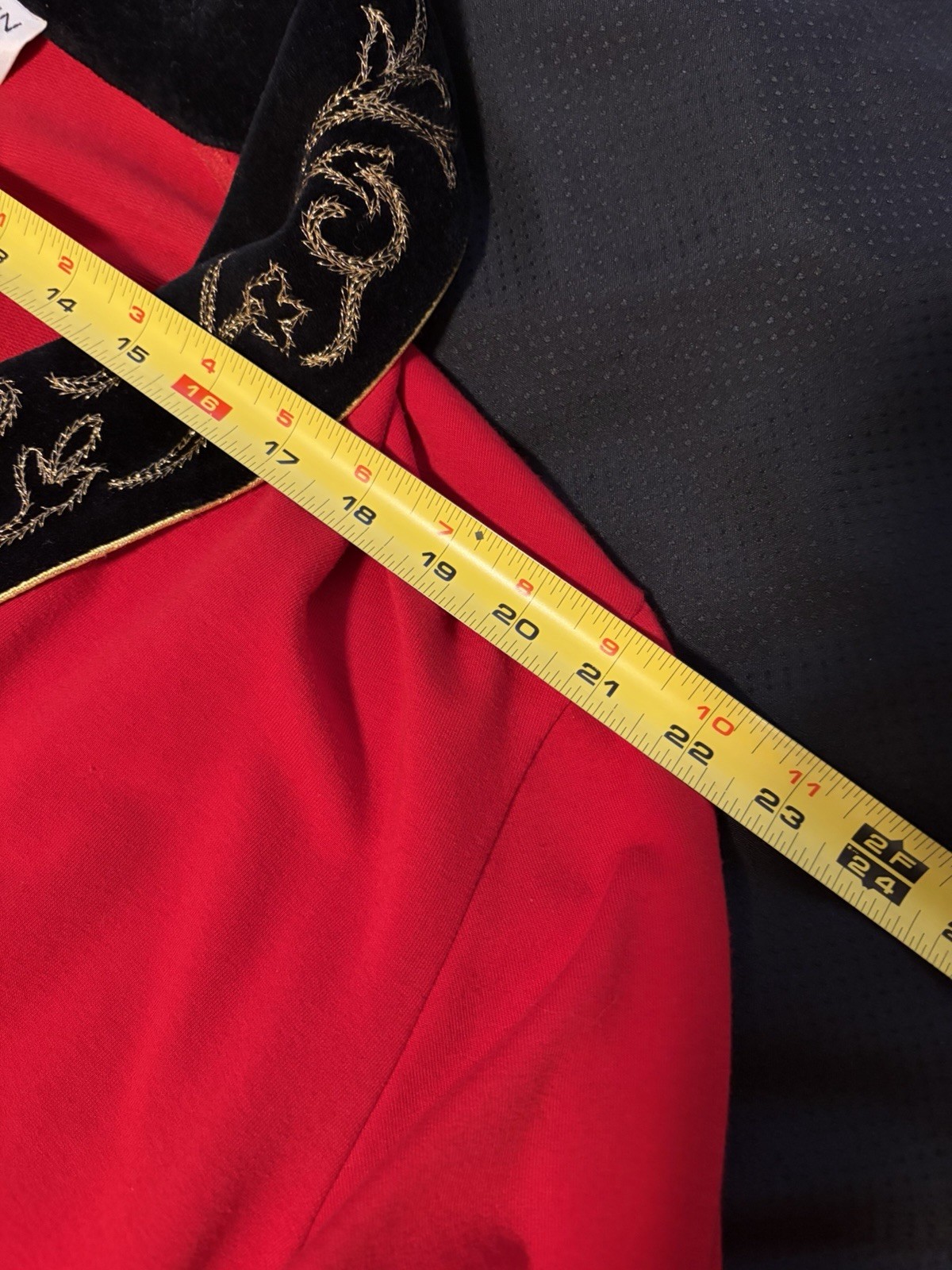 ST JOHN COLLECTION By Marie Gray~L~Red Robe Black Velvet Embroidered Collar Vtg