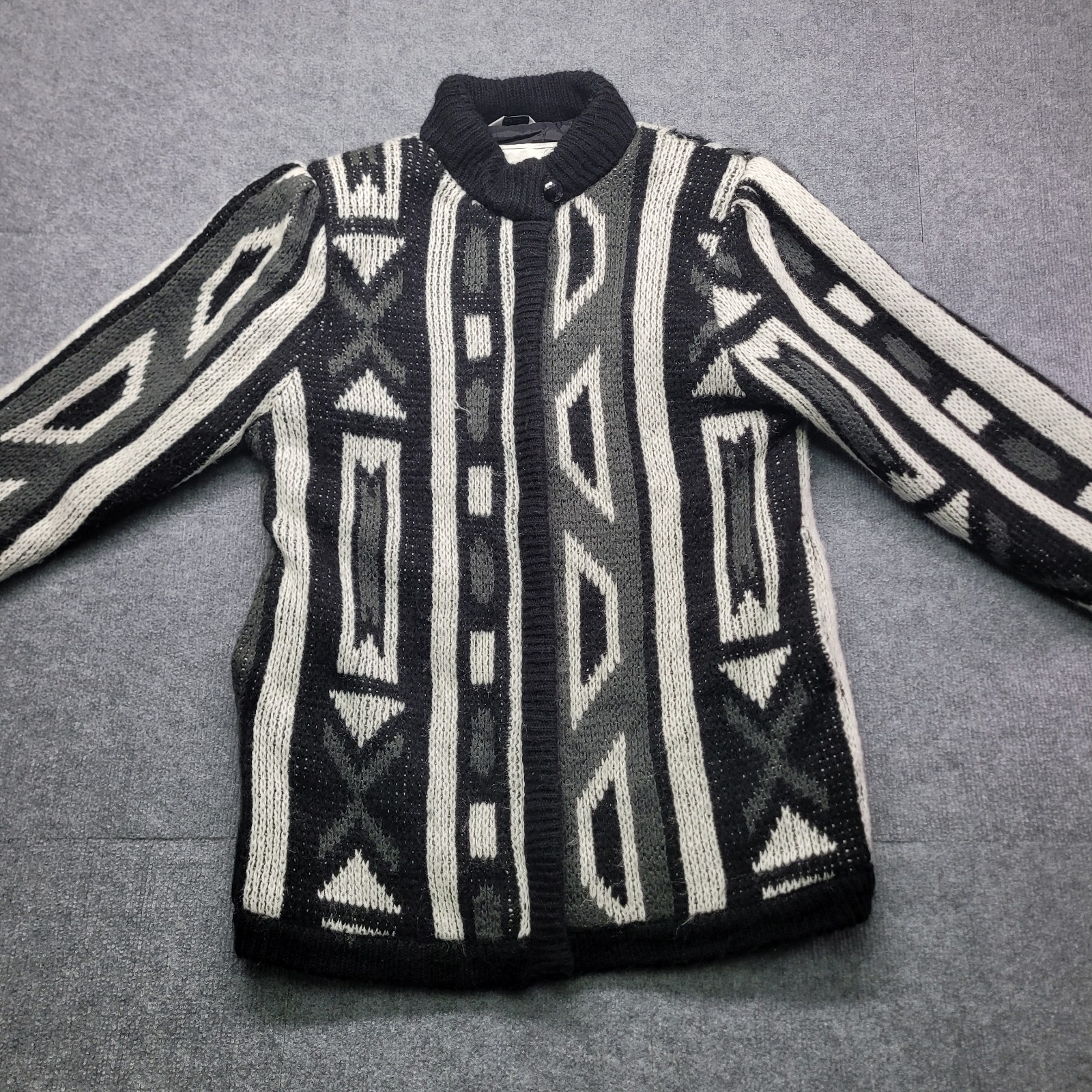 VTG Learsi 80s 90s Geometric Chunky Knit Cardigan Mock Neck Aztec Coogi Style M