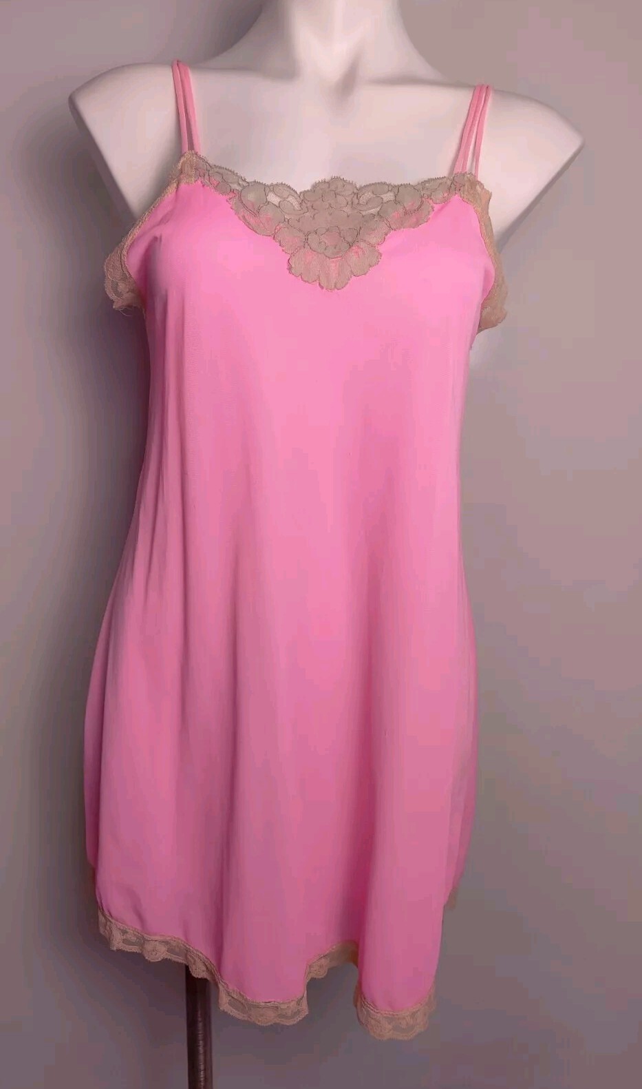Vintage Avian Hot Pink Nylon Nightgown Lace Trim Modified **Flawed Medium