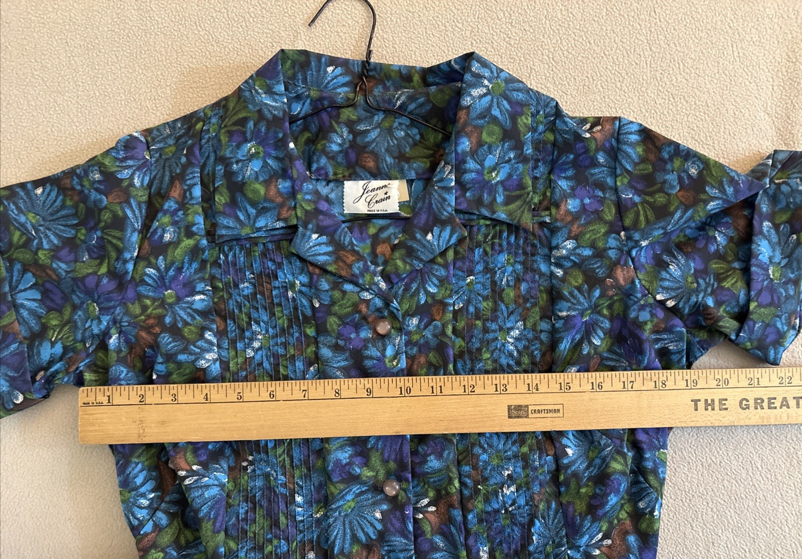 MCM Jeanne Crain of Hollywood Day Dress Blue Daisies Button/Tucks/Belt Sz 14-1/2