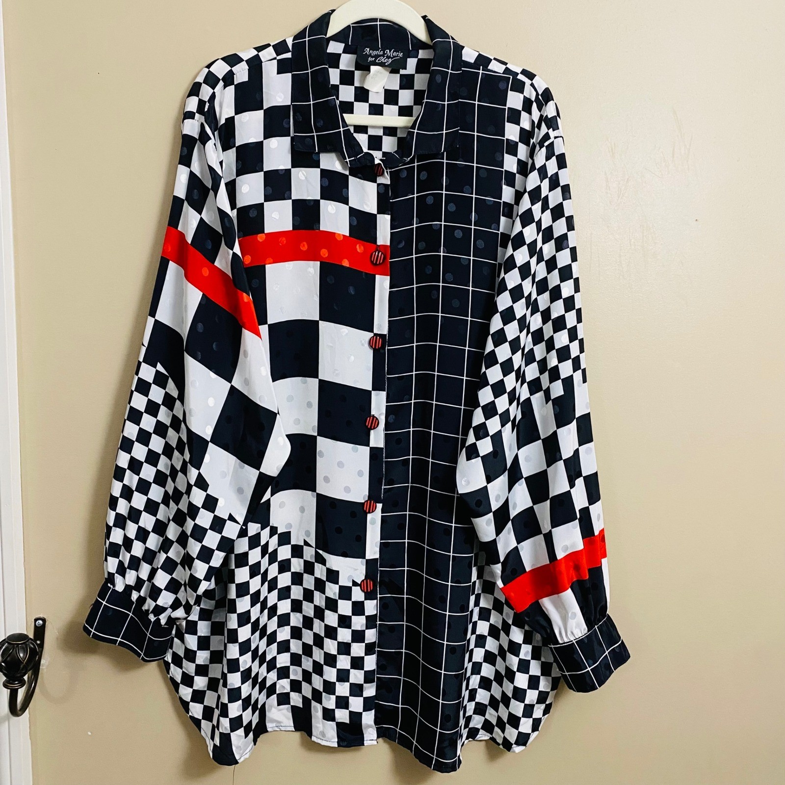 Angela Marie for Chez Vtg Satin Red Black Checkered Artistic Tunic Blouse Sz 20