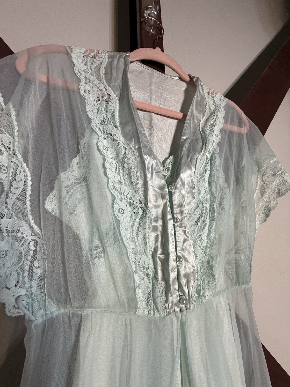 2pc 60s Vintage Nightgown PEIGNOIR Robe Set BABYDOLL Sheer CHIFFON Gown S/M Blue