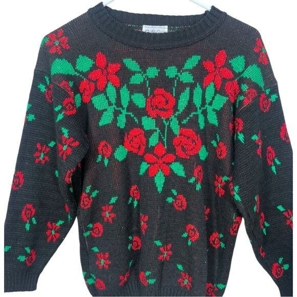 VTG G.F.C Ltd Black w/ metallic Red & Green Floral Acrylic Pullover Sweater