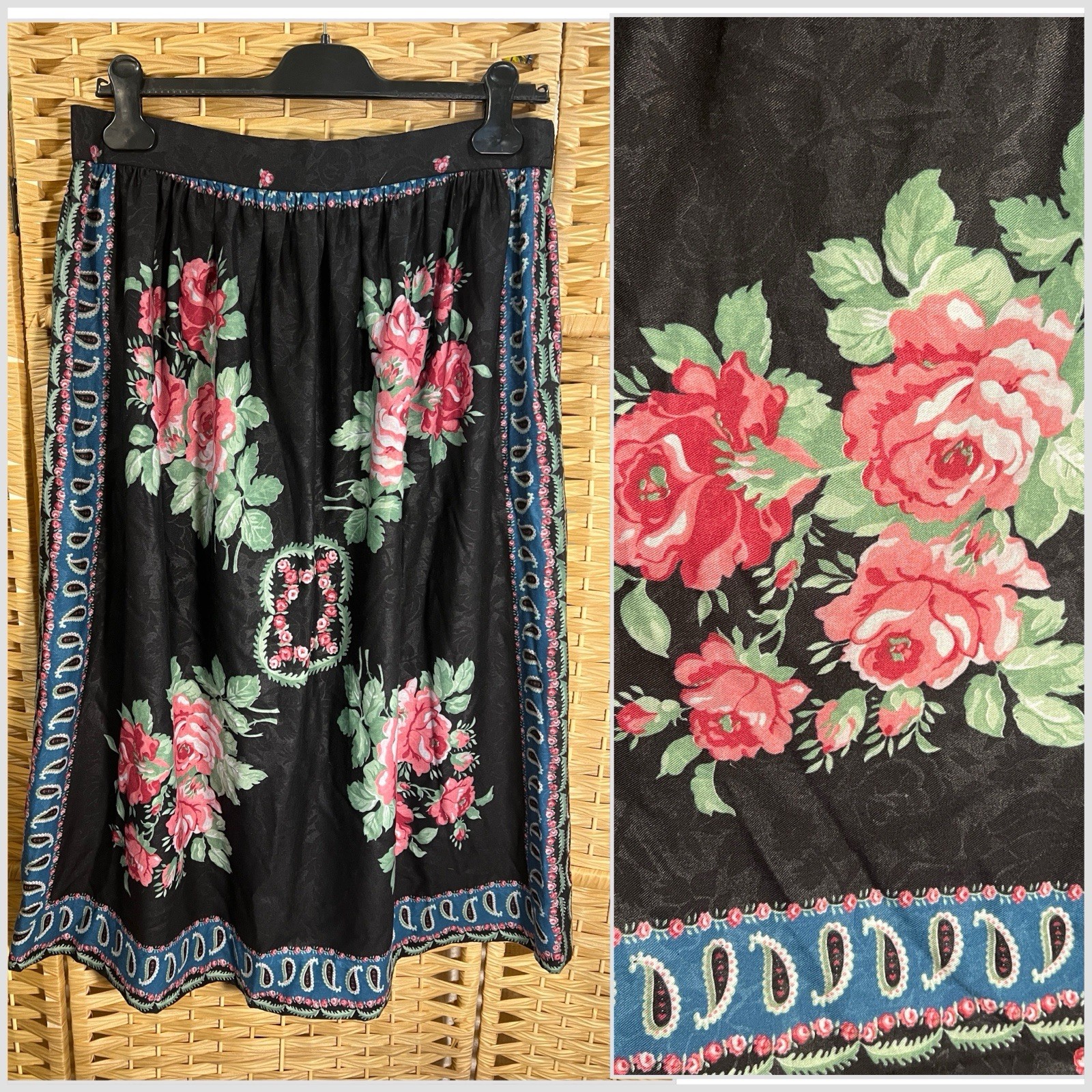 VTG Black Pink Rose Floral Paisley Print European Folk Cottage Core Boho Skirt M