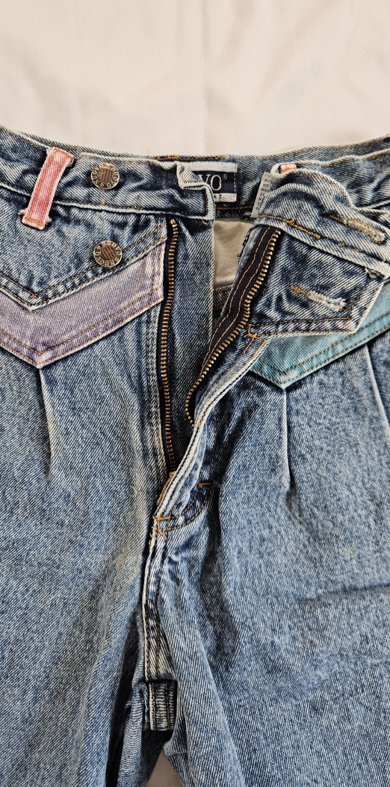 Vtg 80s Nuovo County Seat Colorblock Denim Shorts Cutoff Pleated High Rise 7/8