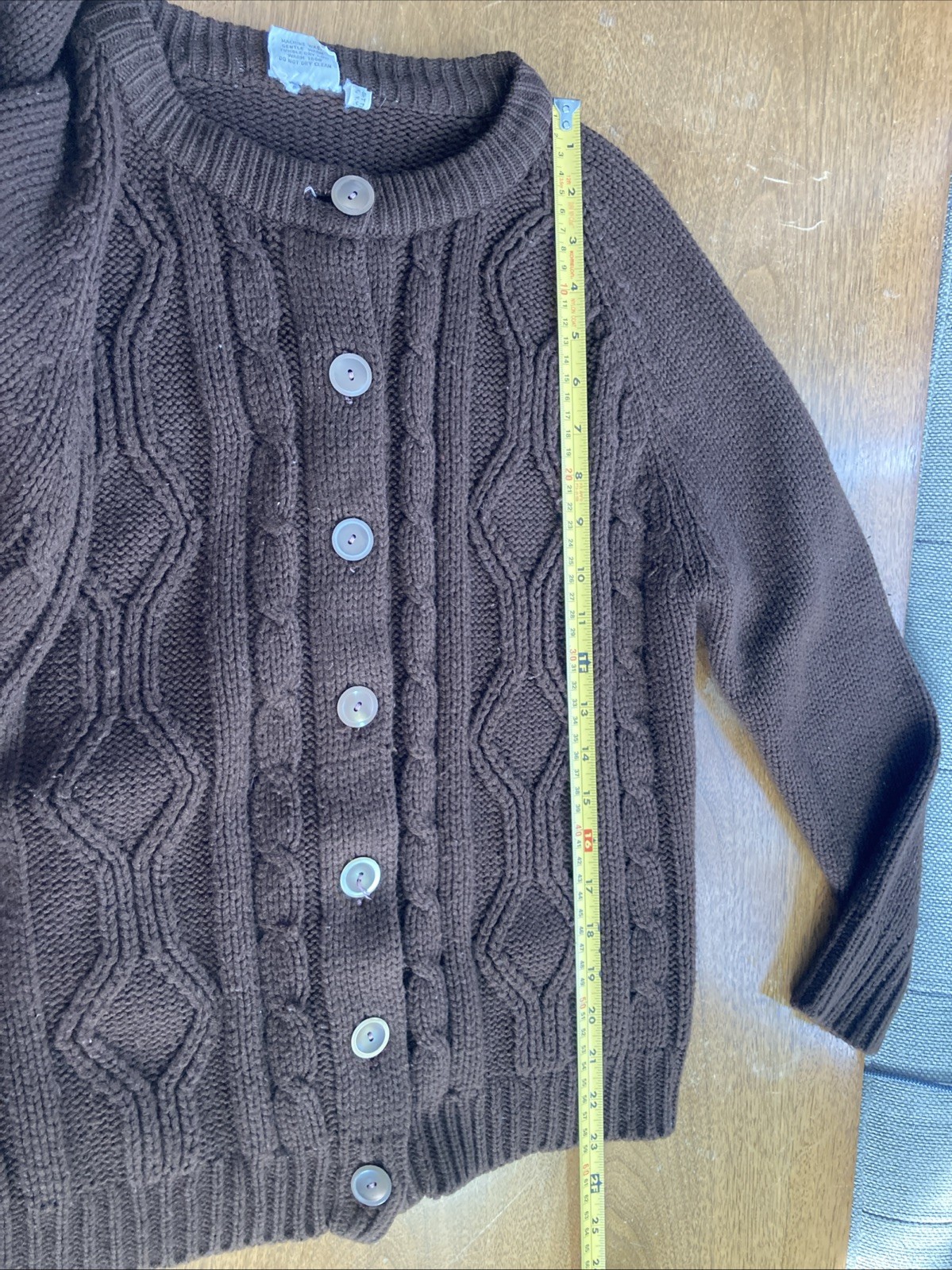 Vintage 1970s Women’s Brown Knit Cabled Acrylic Button Down Cardigan House Coat