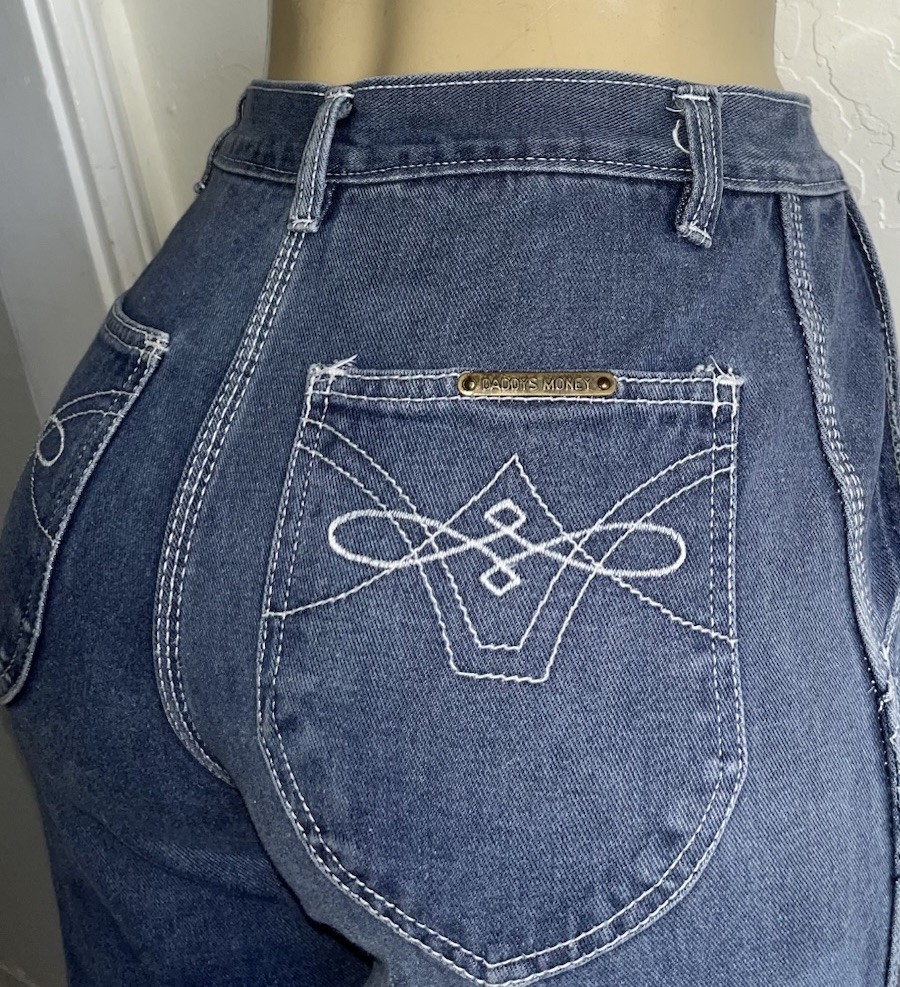 Vintage 70s DADDY’S MONEY Dark Jeans Disco Flare Wide Leg Sz 9 27” Waist RARE