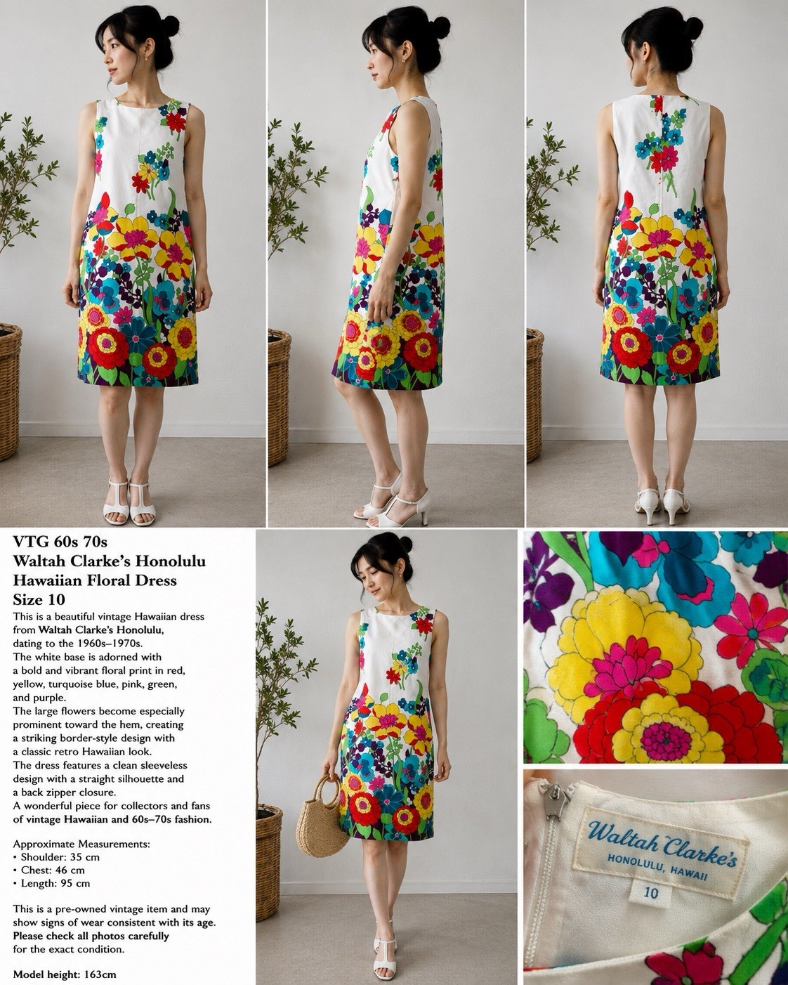 VTG 60s 70s Waltah Clarke’s Honolulu Hawaiian Floral Dress Size 10 Mod Hawaii