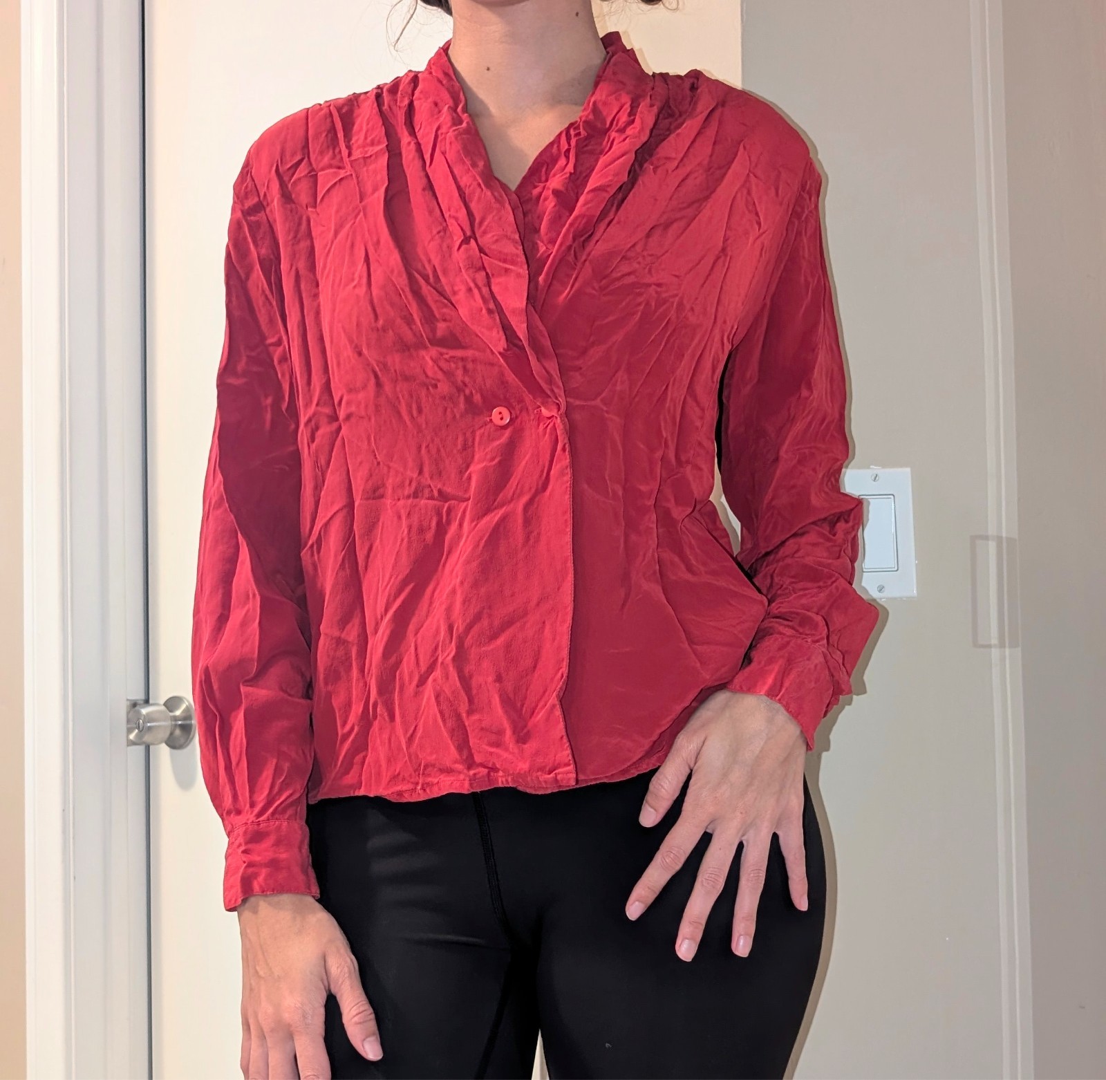 100% Silk Vintage Red Blouse Long Sleeve Top Spenser Jeremy 1980s
