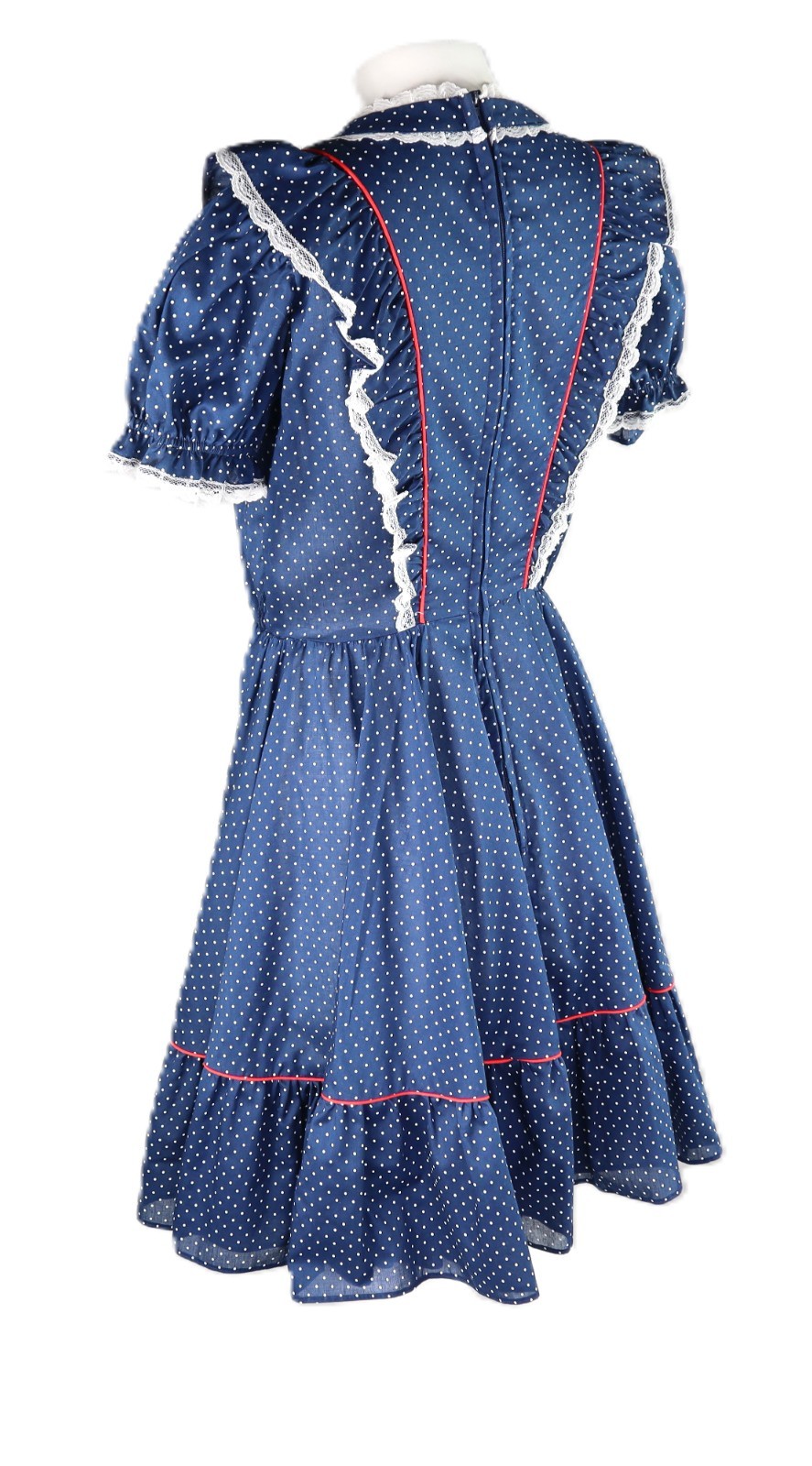 VTG 60s Jeri Bee USA 0 XS Square Dance Prairie Lace Polka Dot Knee Dress Blue