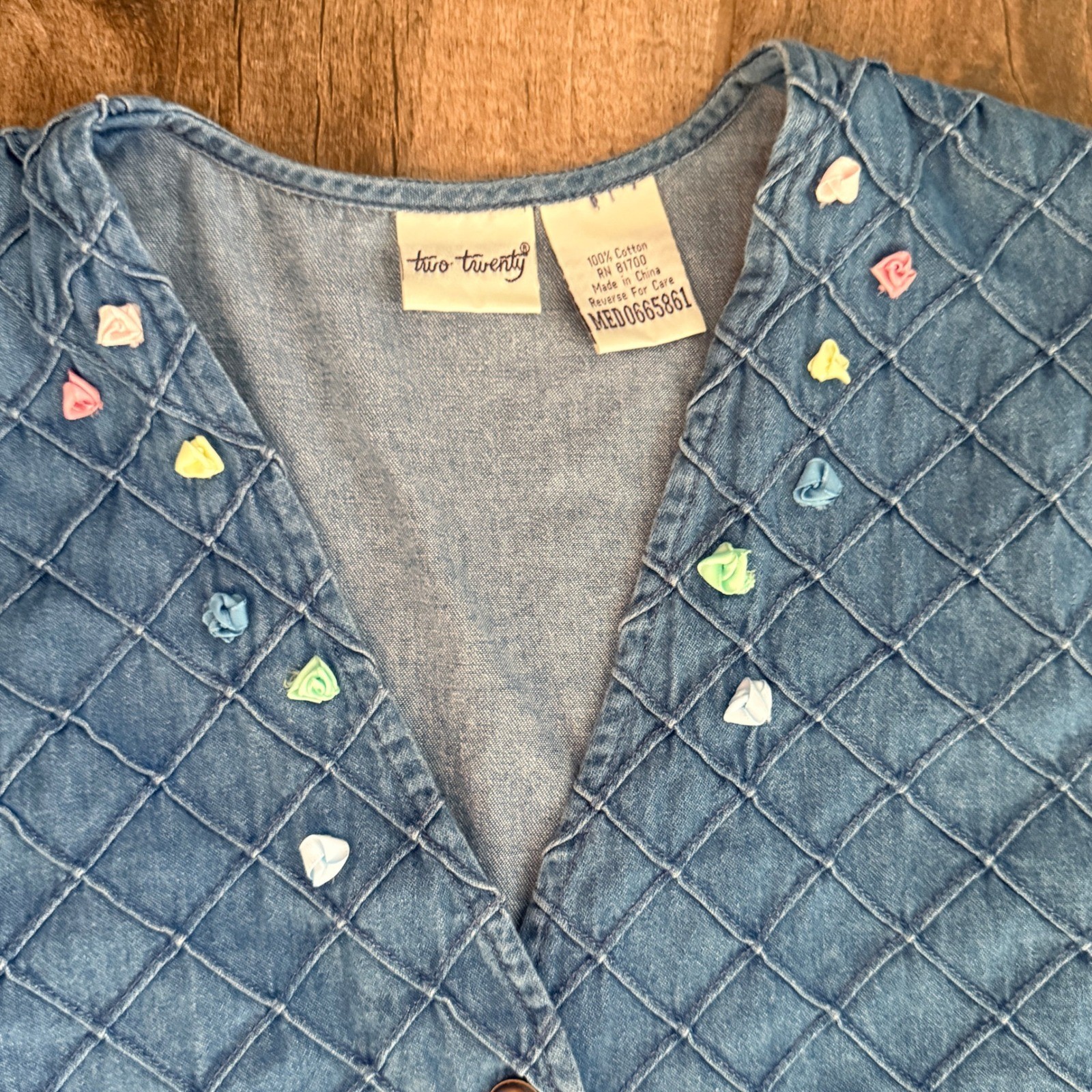Two Twenty Women’s Vintage Rosette Detail Denim Quilted Vest, Blue Pastels,M