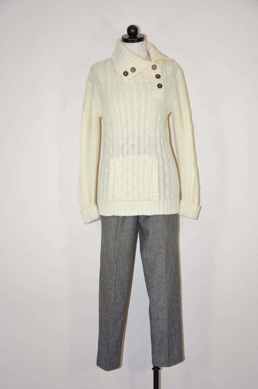 70s Vintage Cream Chunky Cable Knit Buttons Turtleneck Fisherman Sweater Women S