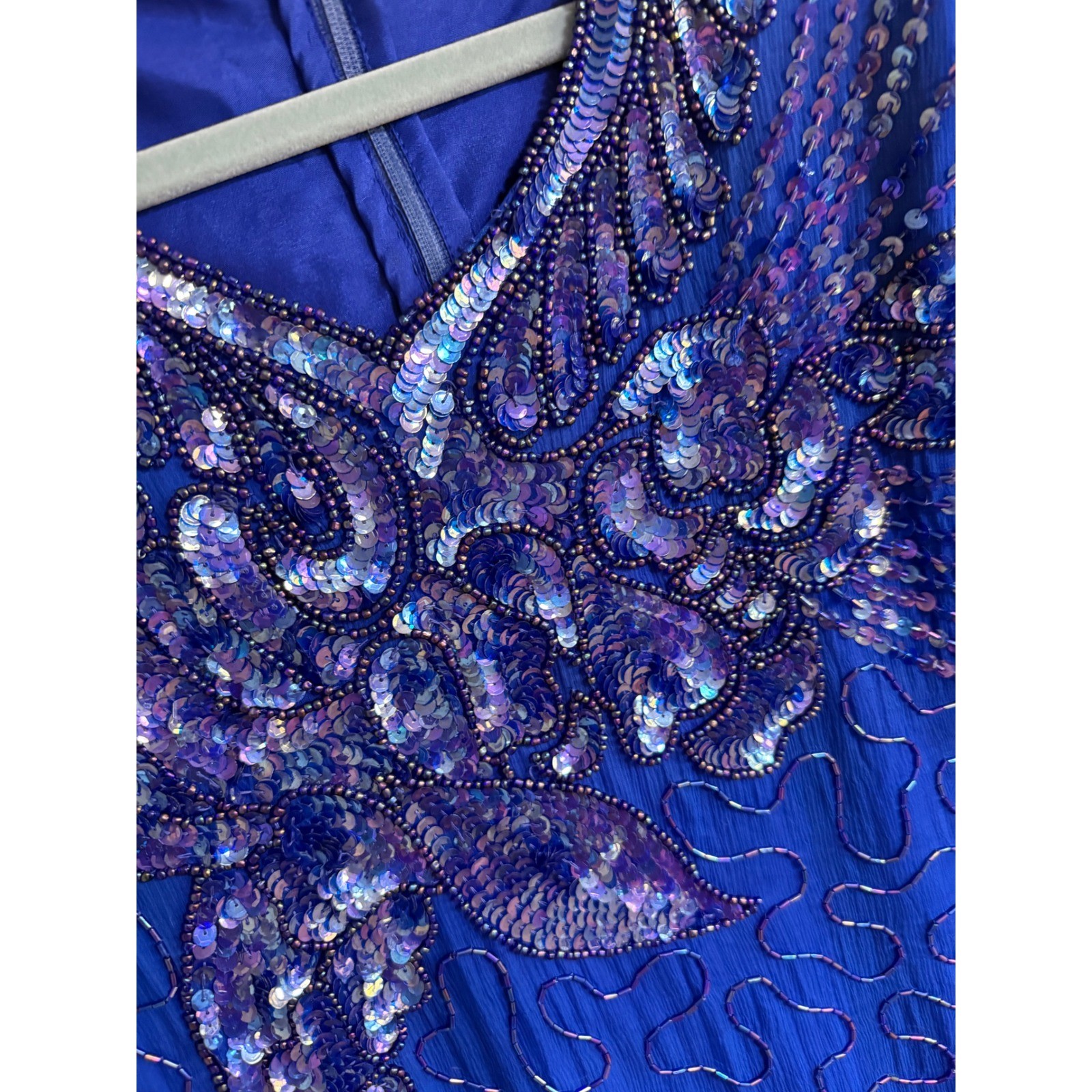 Sweelo Vintage Silk Beaded Sequin Dress Royal Blue Floral Cocktail L 10-12 Glam
