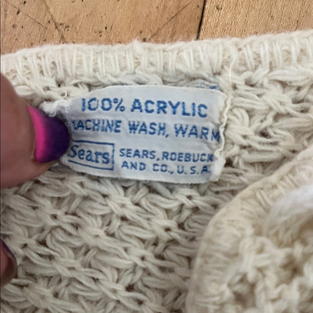 70’s Vintage Sears,Roebuck & Co. Cream Acrylic Knit Poncho w/Lace Up Front