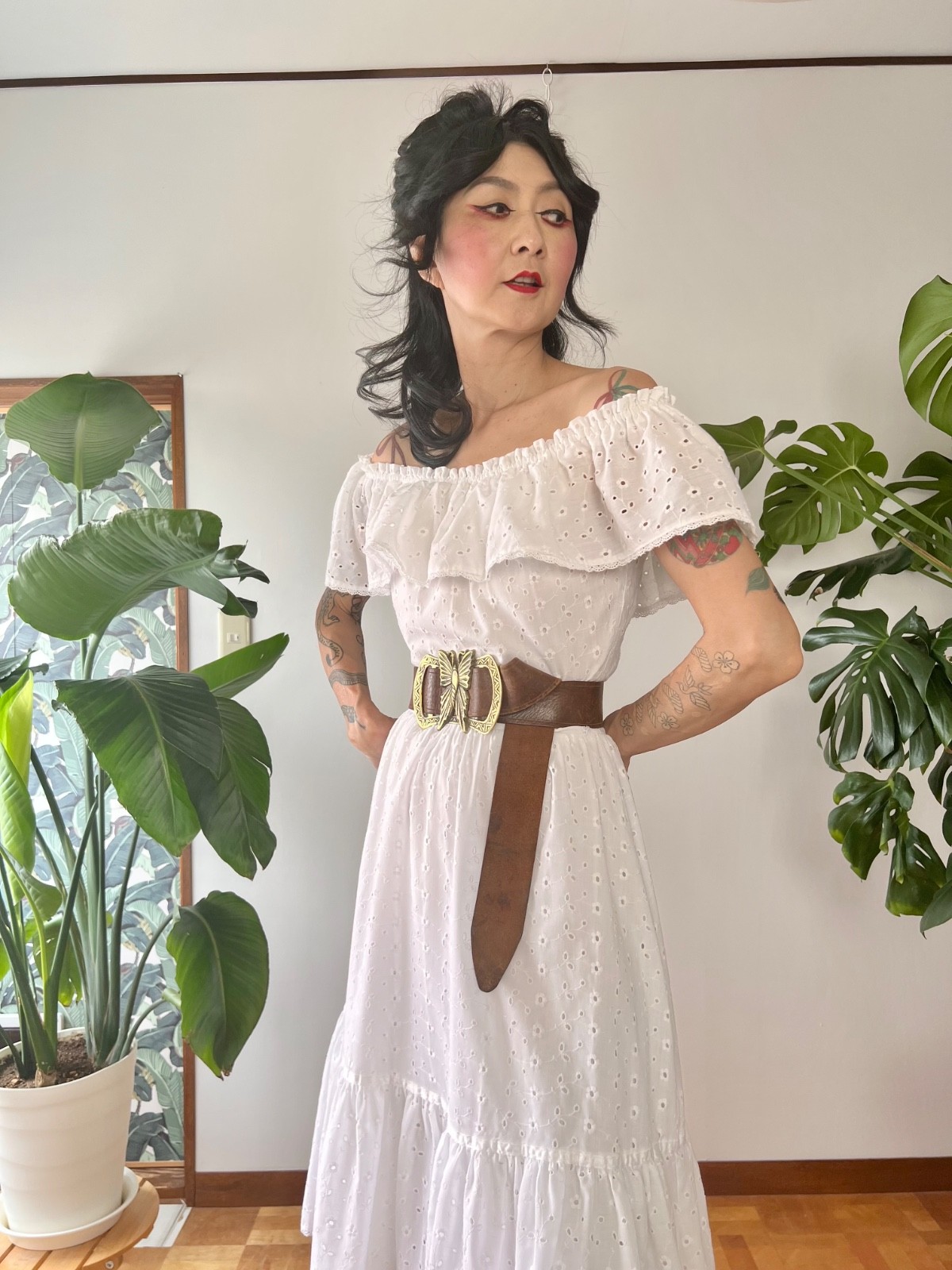 VTG 70s Lanz White Eyelet Lace Off Shoulder Ruffle Cotton Midi Prairie Dress S