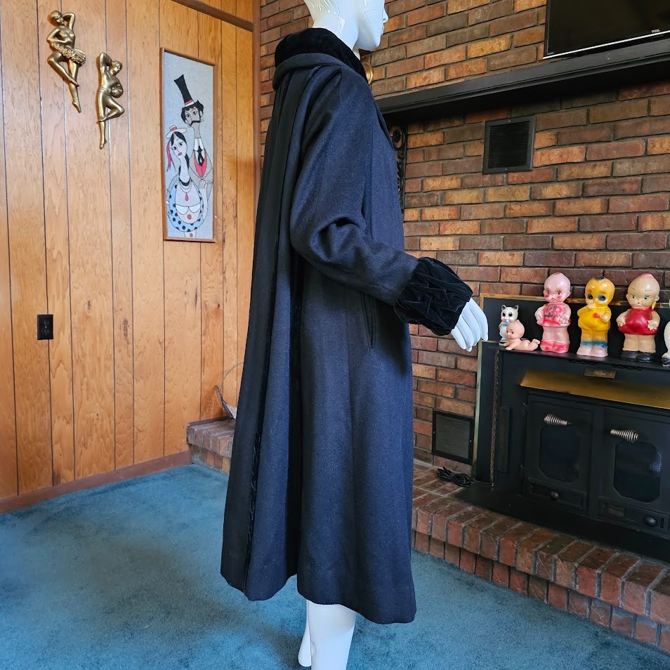 Vtg 50s Lilli Ann Velvet Shawl Collar Swing Princess Opera Formal Wool Coat L/XL