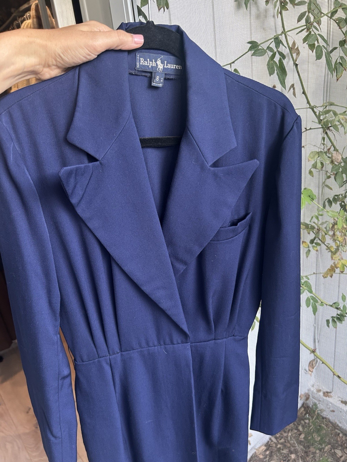 Vintage Ralph Lauren 6 100% Wool Tuxedo Jacket Wrap Dress Blue Midi