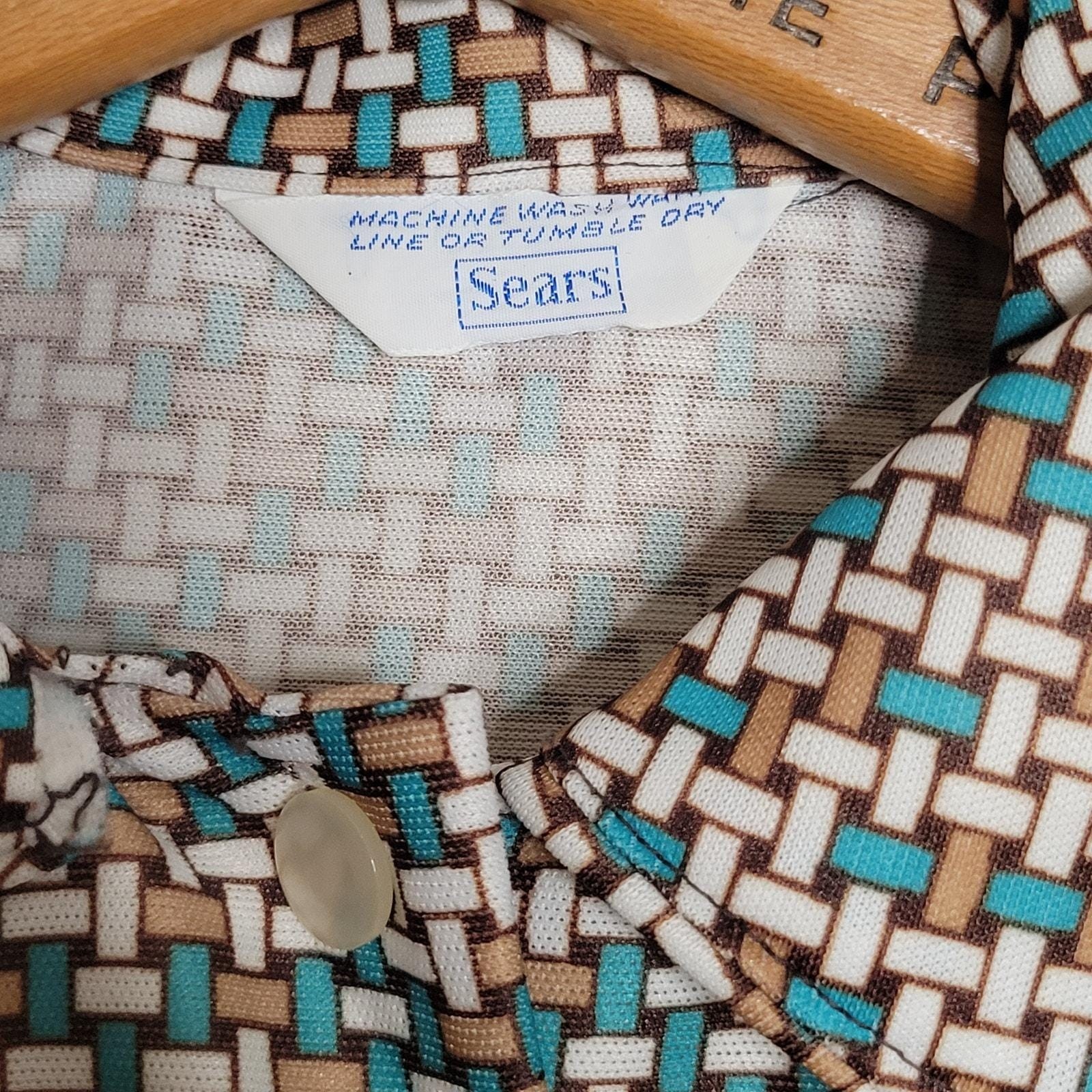 Vintage 1970s Blouse Shacket brown aqua Sz M pop art floral mod hippie