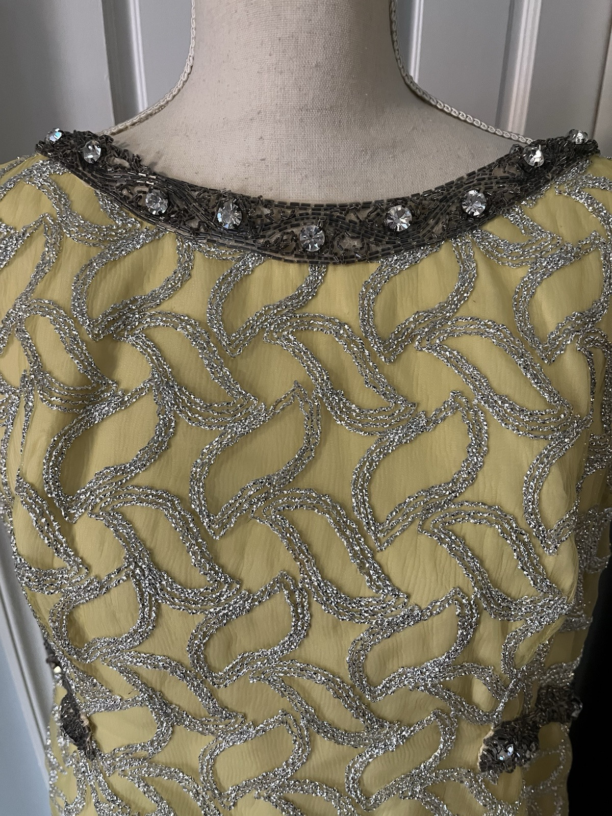 Erlebacher Beaded Long Gown Dress Sleeveless Yellow & Silver Shimmery VTG Large?