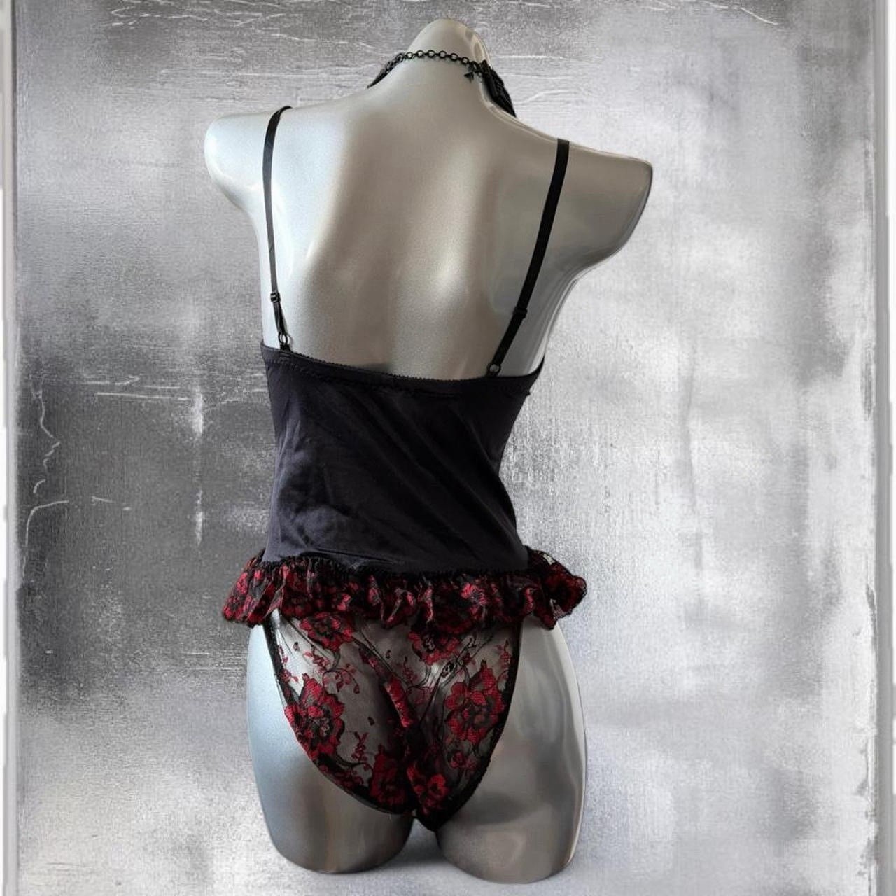 70s/80s Vintage Shirley’s Black and Red Satin and Lace Paneled Teddy Size M