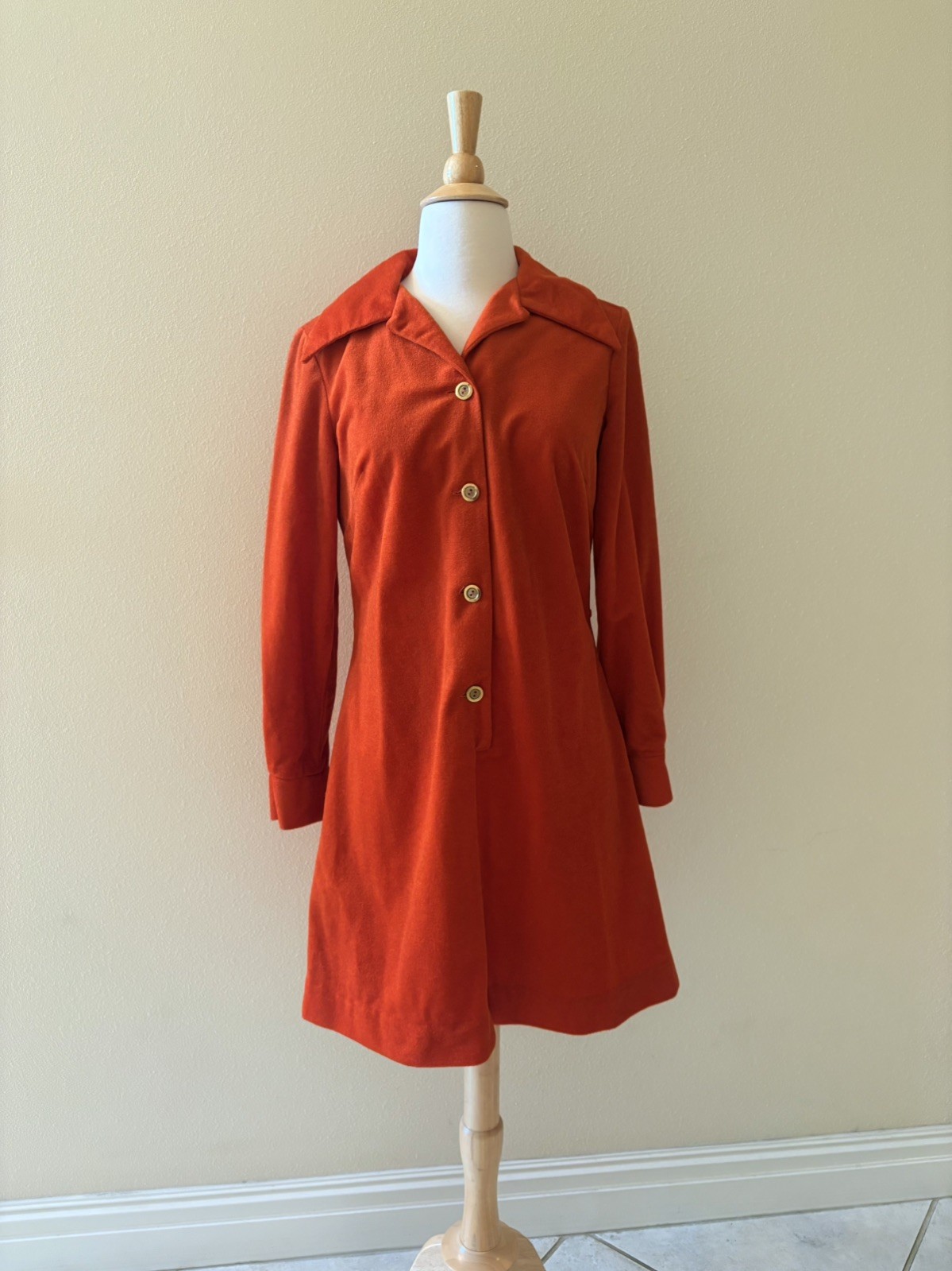 Vintage 1970s Burnt Orange Mod Faux Velour Long Sleeve Dress