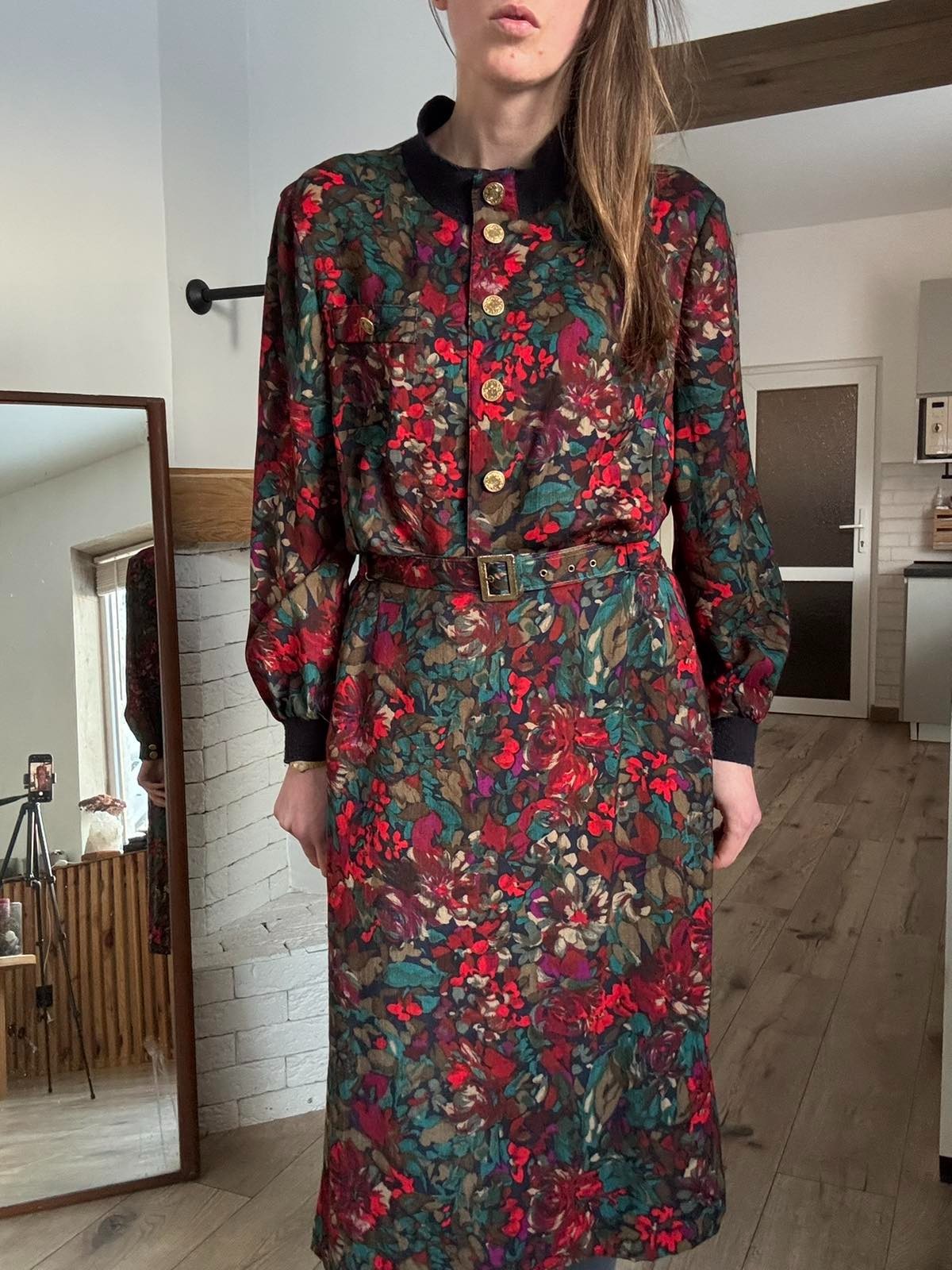 Vintage 100% Virgin Wool Floral Skirt Suit Set XL Belted Midi Gold Buttons EU 42