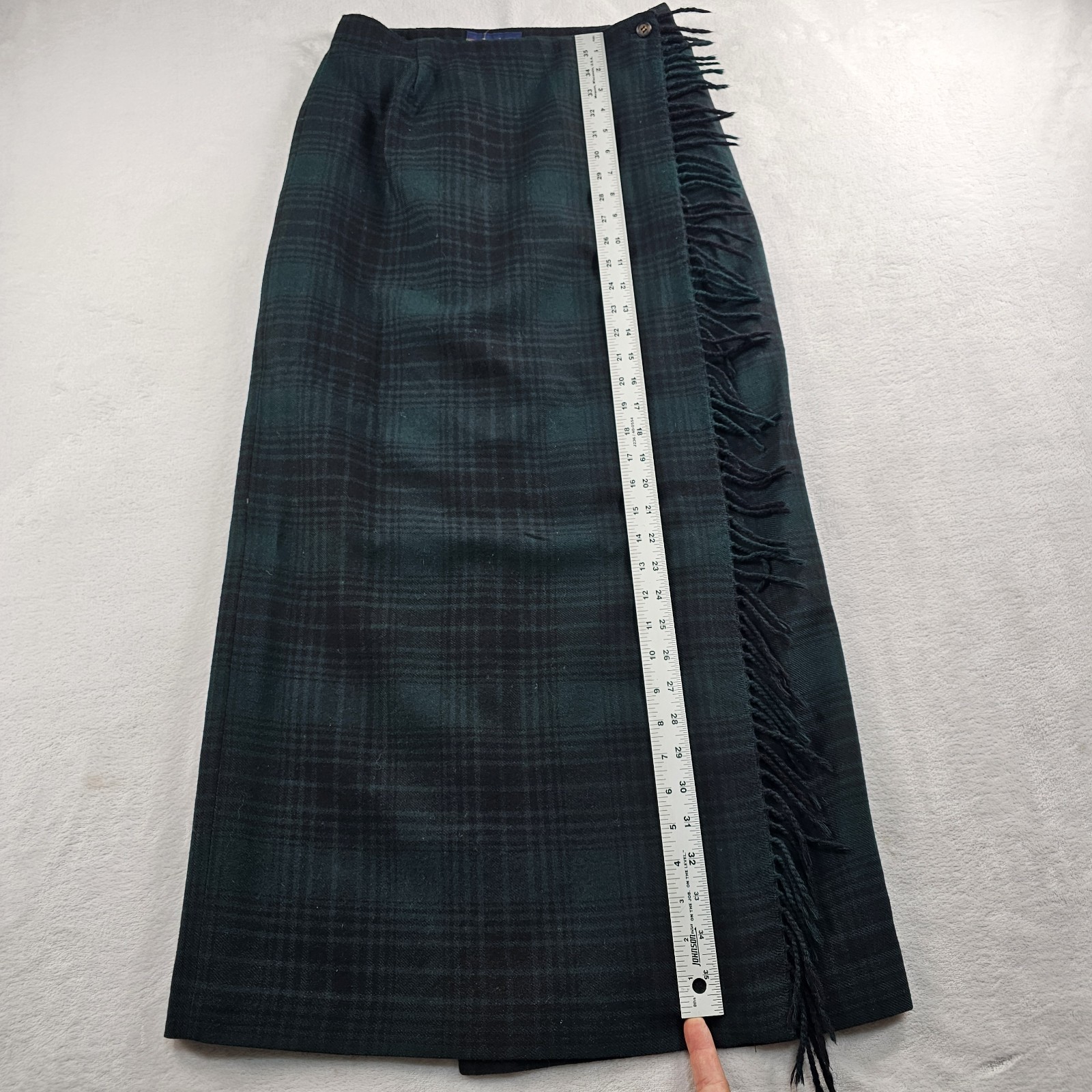 Vtg Breeches 100% Wool Tartan Plaid Maxi Skirt Womens 8 27×37 Green Black Fringe