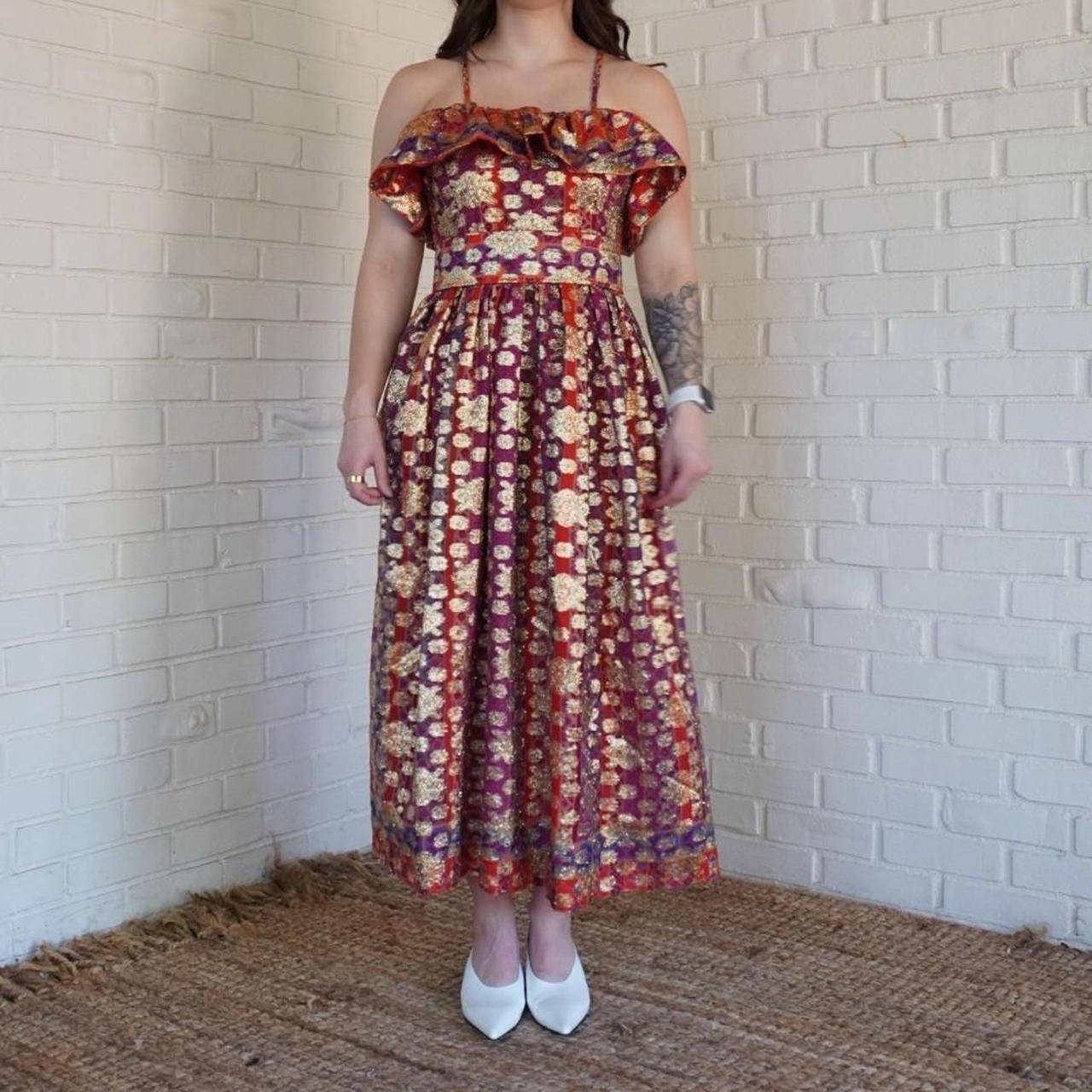 Vtg 70s Maxi Dress Red Ikat Pattern Designer Eleanor Brenner, Brenner Coutour, M
