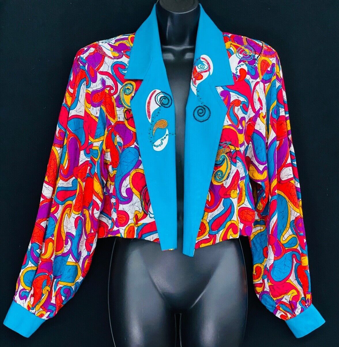 Vintage 1980s colorful crop jacket silk beaded teal oversized lantern sleeve top