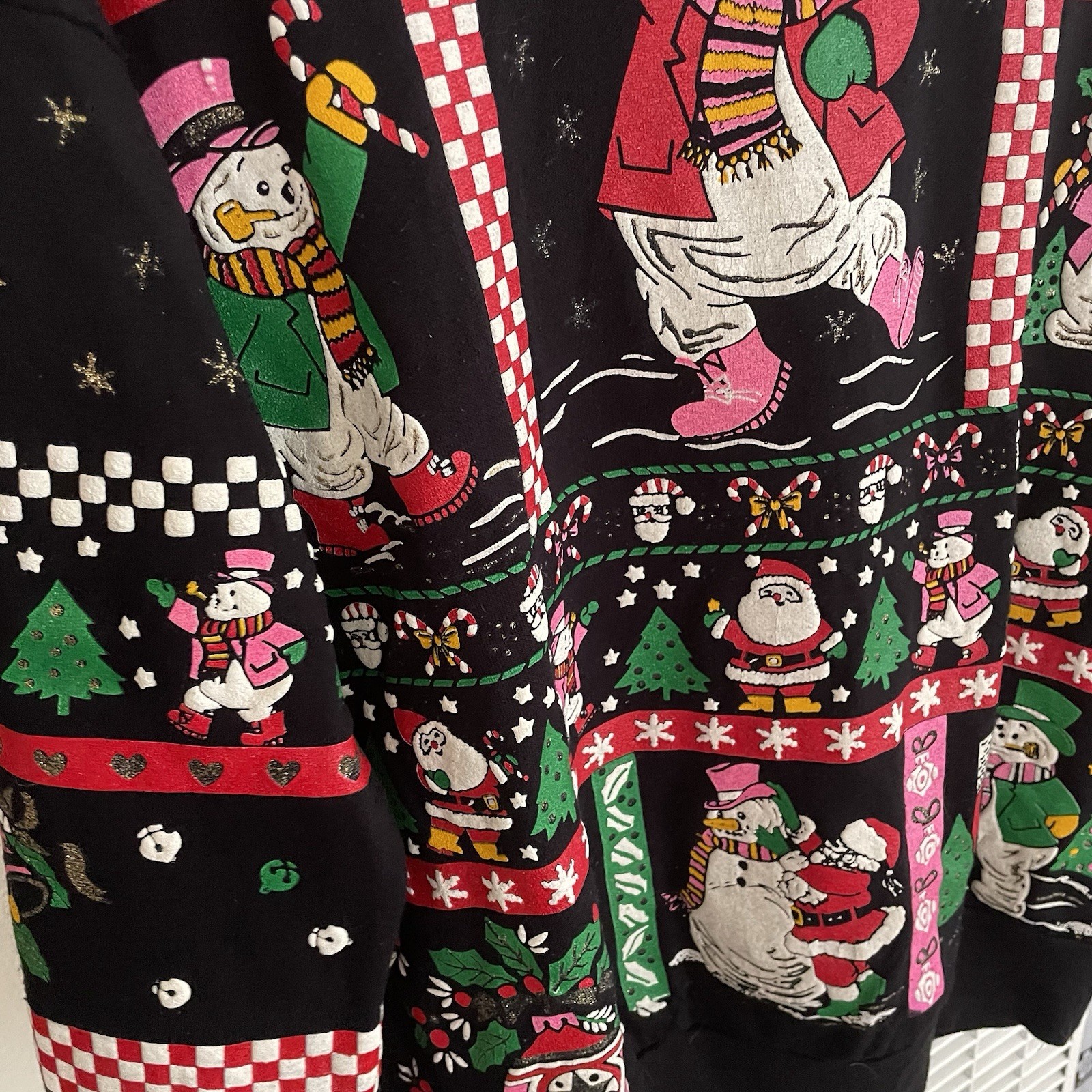 Vtg 80s L Black Christmas Holiday Puffy Paint- Sky Lite Fashion Snowman