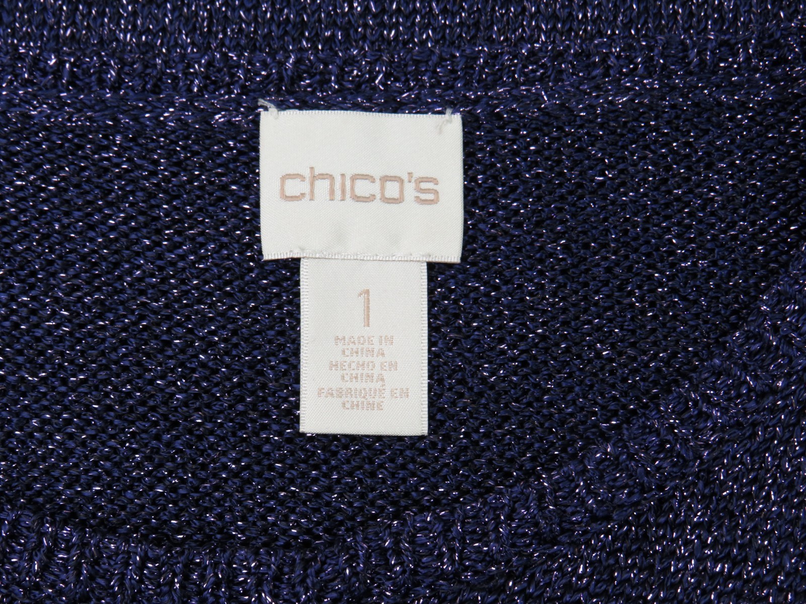 VTG CHICO’S PURPLE STRETCH TOP WITH SILVER METALLIC SPARKLING THREAD SIZE 1