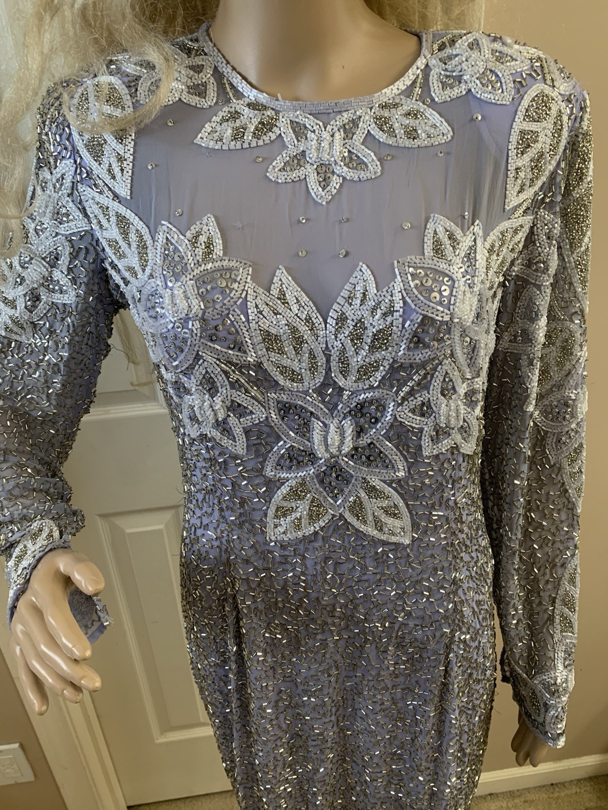 Vintage 80’s Lavender Purple Silver Sequin White Beaded Formal Church Dress