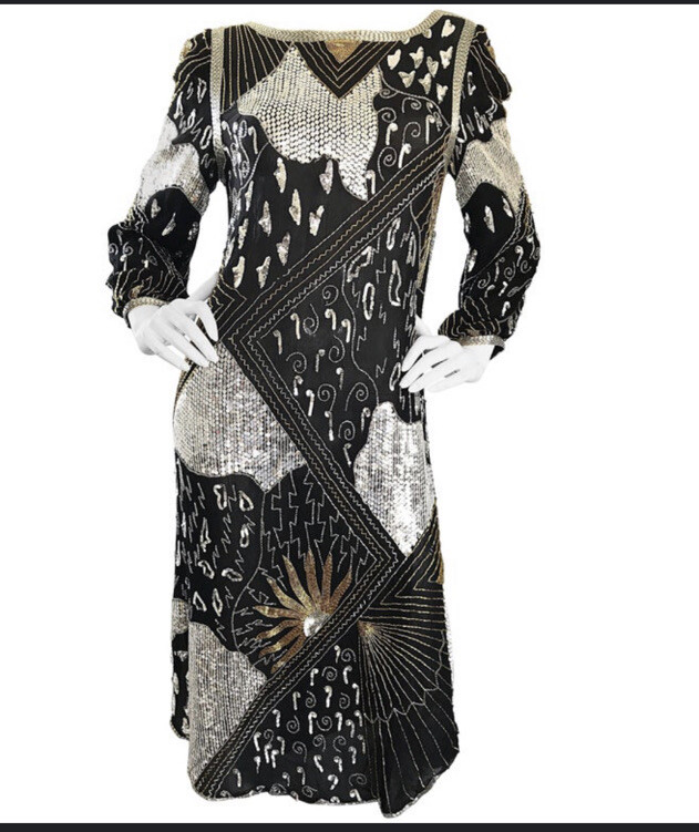 Vintage Judith Ann Black Silver Gold Sequin Beaded Silk Chiffon Flapper Dress L