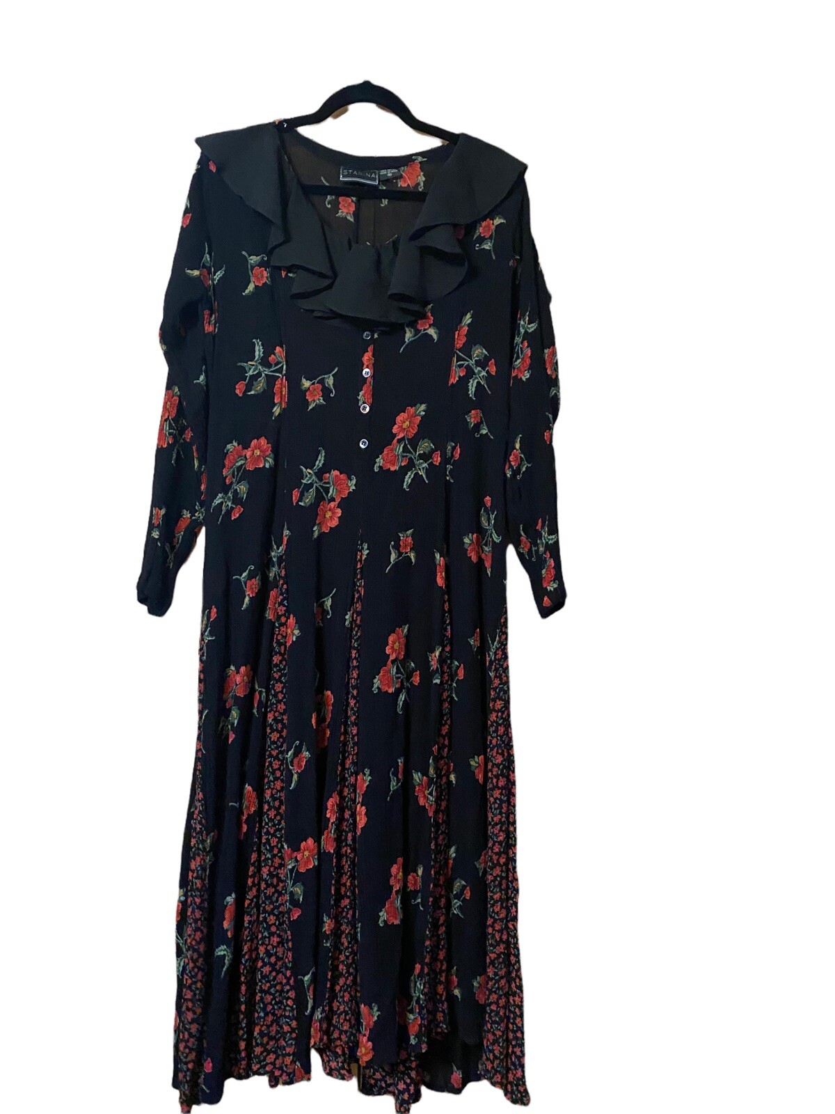 1980s Full Circle STARINA Floral Button front Maxi Dress~Crinkle Rayon Fit SMALL