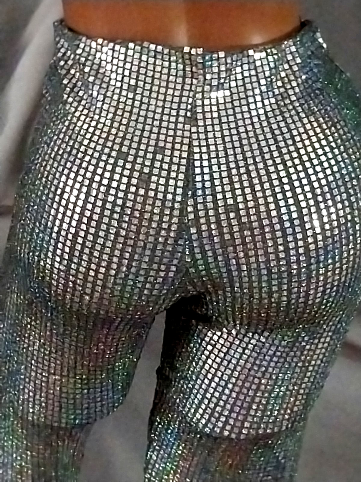 VTG SATIN SHINY CARNIVAL FLASHBULB HOLOGRAM SILVER DISCO SPANDEX FOIL PANTS