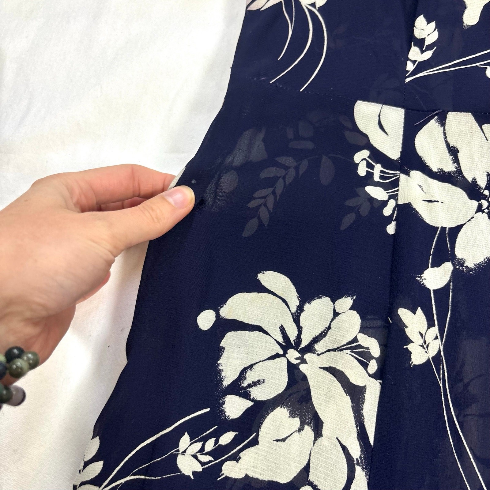 Vintage 1940s Silk Chiffon Shirtwaist Dress Navy Blue Tropical Floral Print