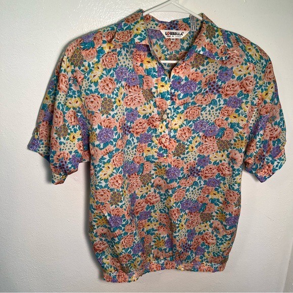 Vintage Loubella Women’s Size 12 Popover Blouse Purple Teal Floral Half Button