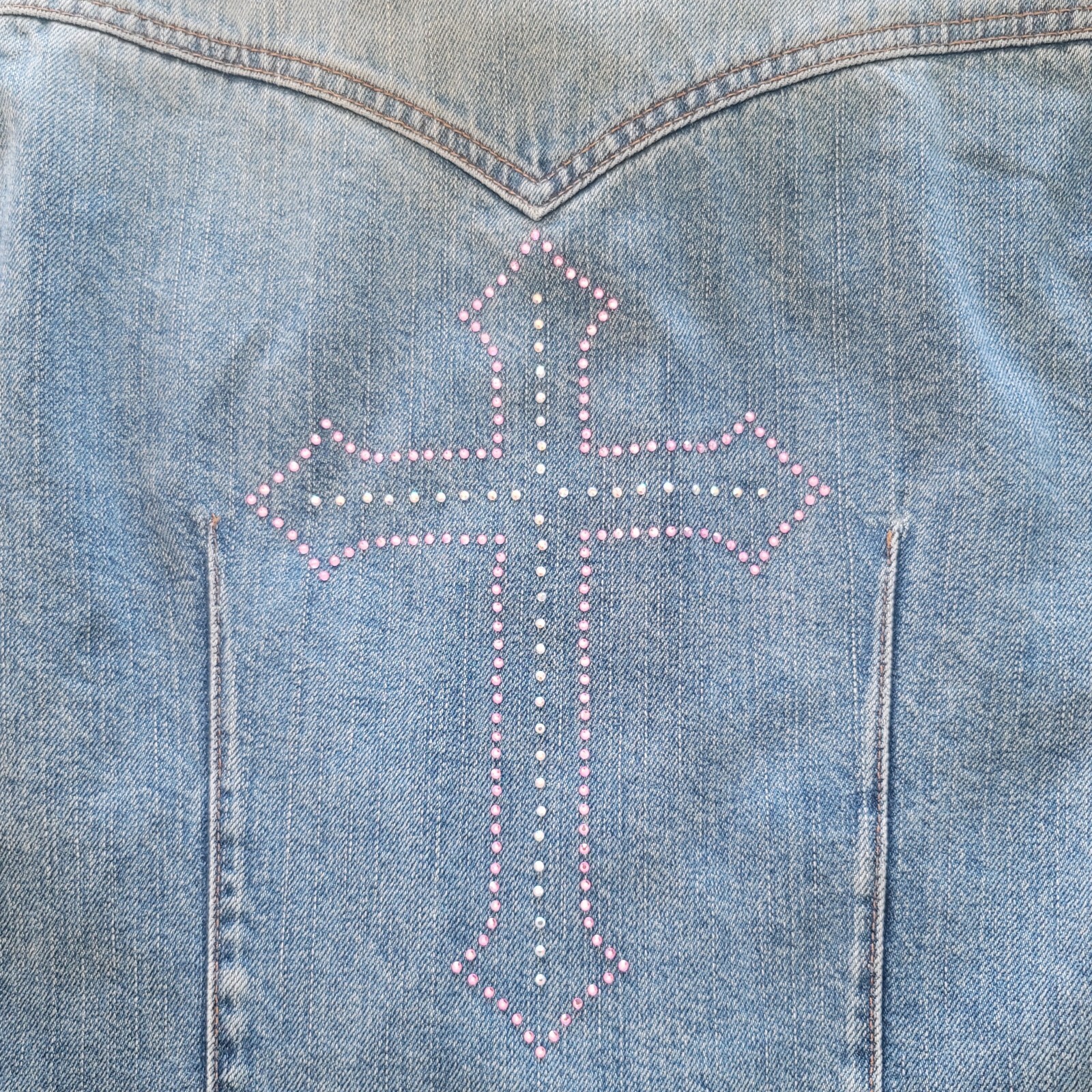 Vintage Y2K Upcycled Redone Custom Bling Gothic Cross Western Jean Jacket Medium