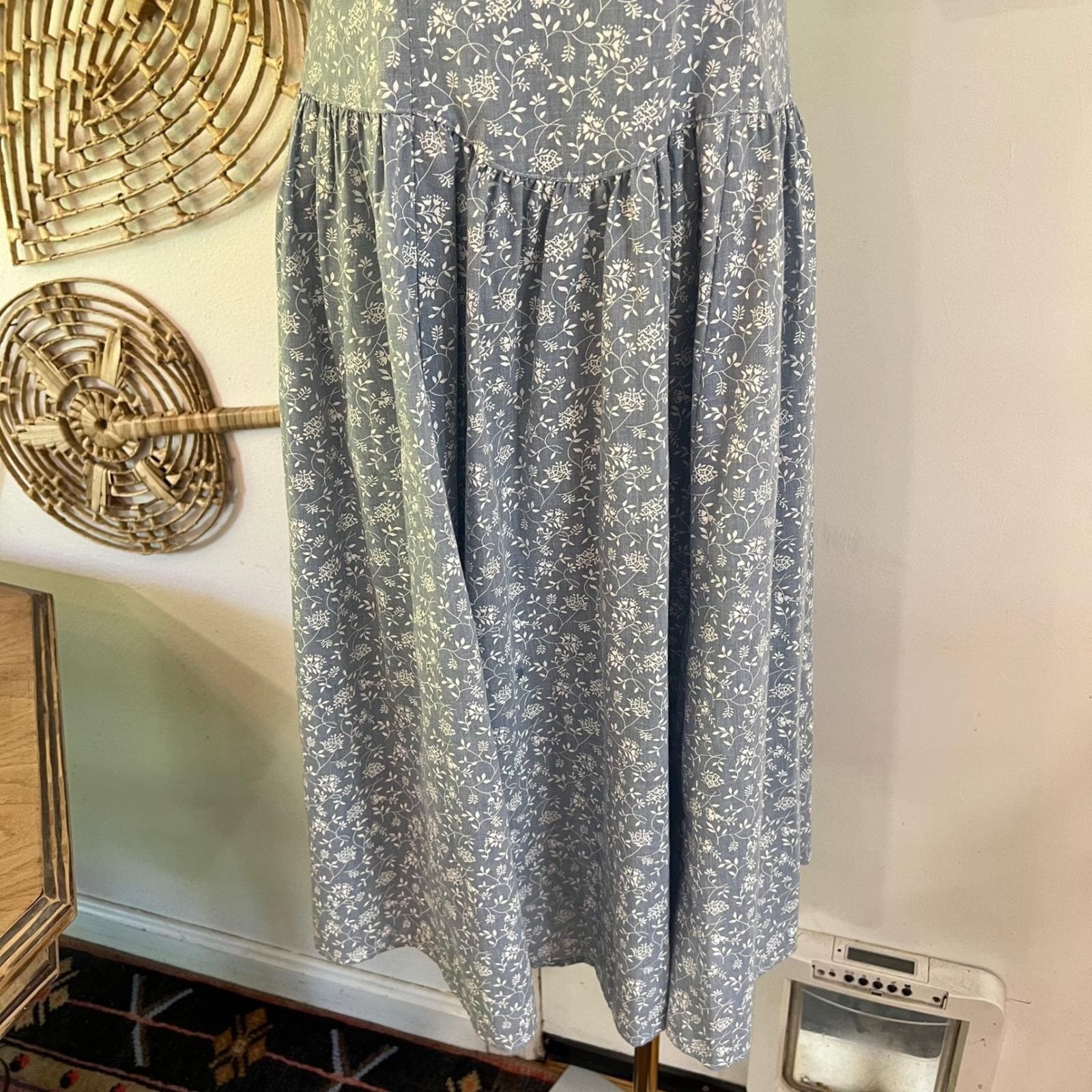 Vintage Maggie Lawrence Blue Floral Cotton Lace Collar Prairie Midi Dress 11/12