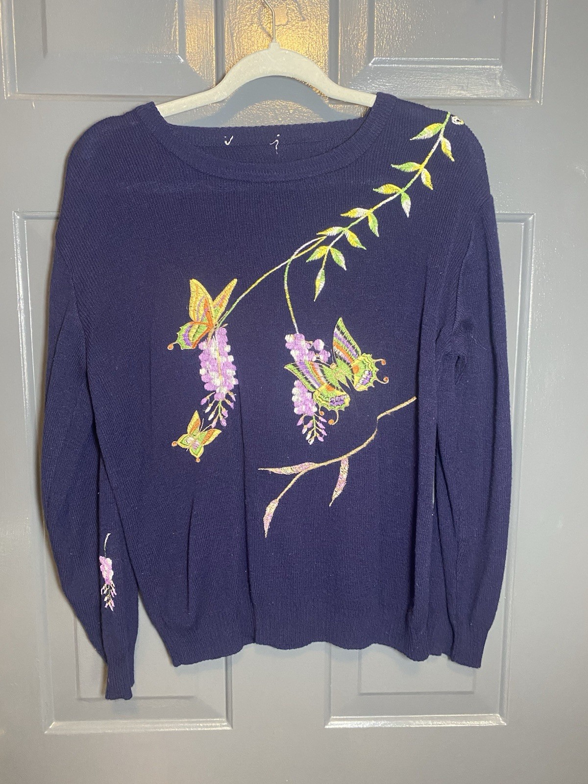 Vintage Women’s Bonnie Lee Leroy Blue Sweater Acrylic 70s Colorful Butterflies