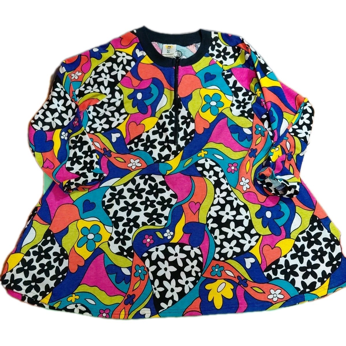 Vintage Traffic Jam S Cotton Floral Colorful Mod 60’s 70s Zip Neckline Tunic Top