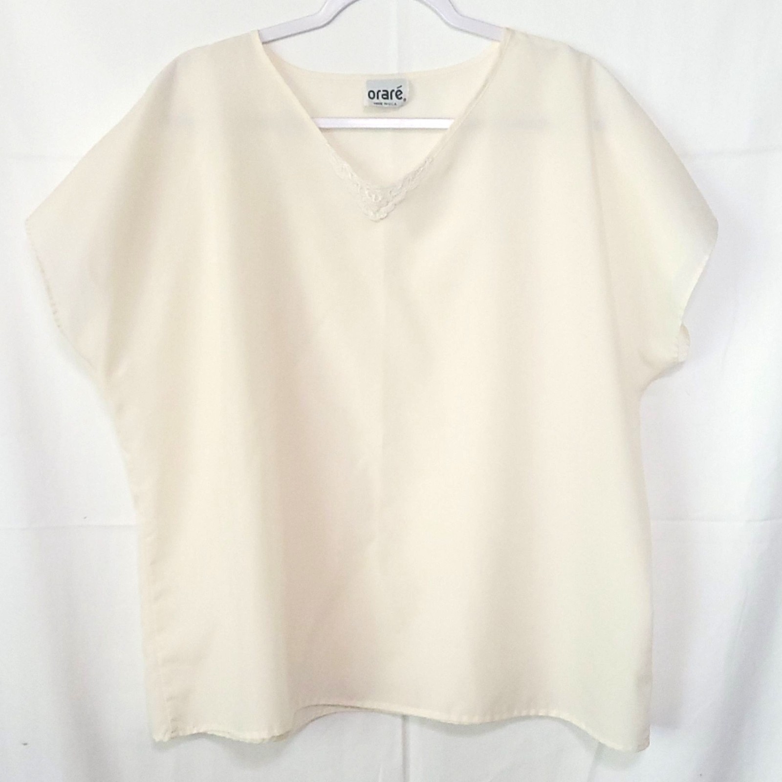 Vtg Oraré Womens Cream V-Neck Blouse Lace Trim 20W USA Made Career Cottage