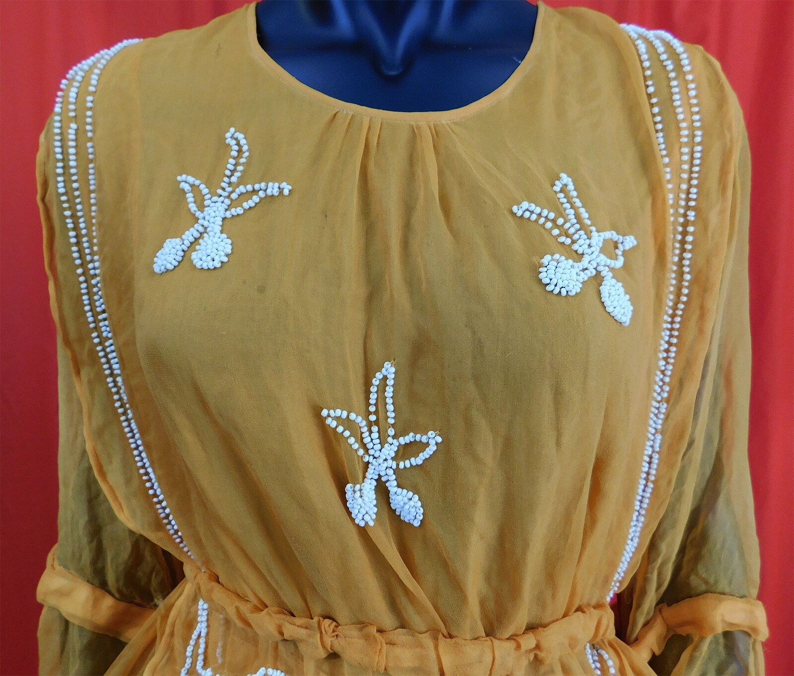 Vintage Orange Silk Chiffon White Beaded Cherries Handkerchief Hem Tabard Dress