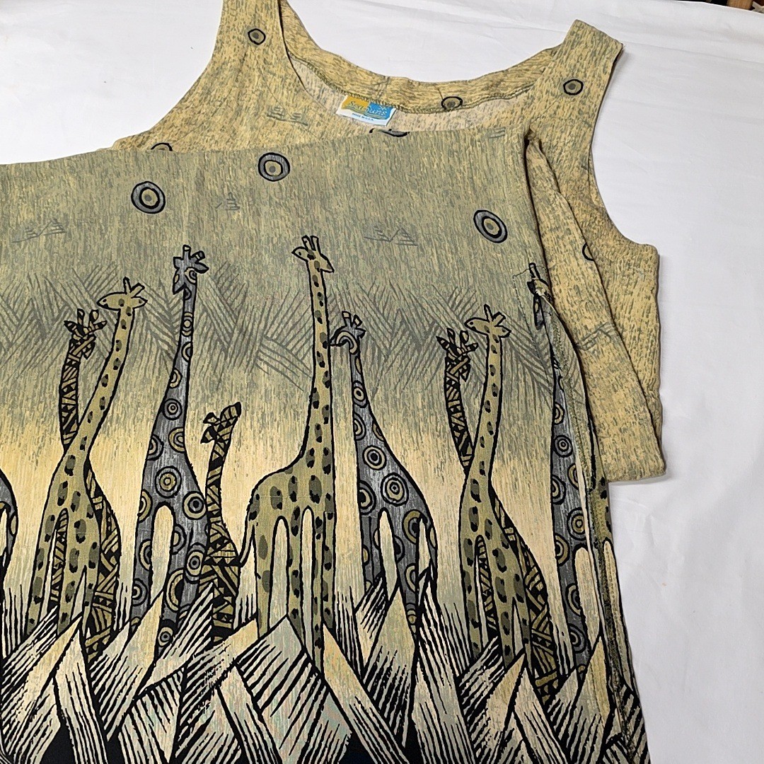 Sea Suns Giraffe Print Dress Womens L Tan Grey Vintage 90s Sleeveless Maxi Tank