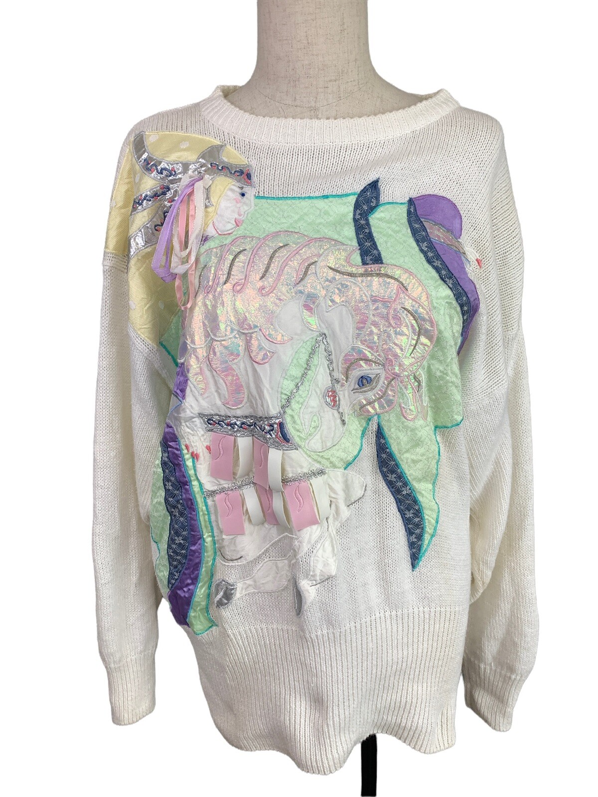 Vintage Bonnie & Bill Sweater Small Pastel Metallic Horse Fairy Kei Embroidered
