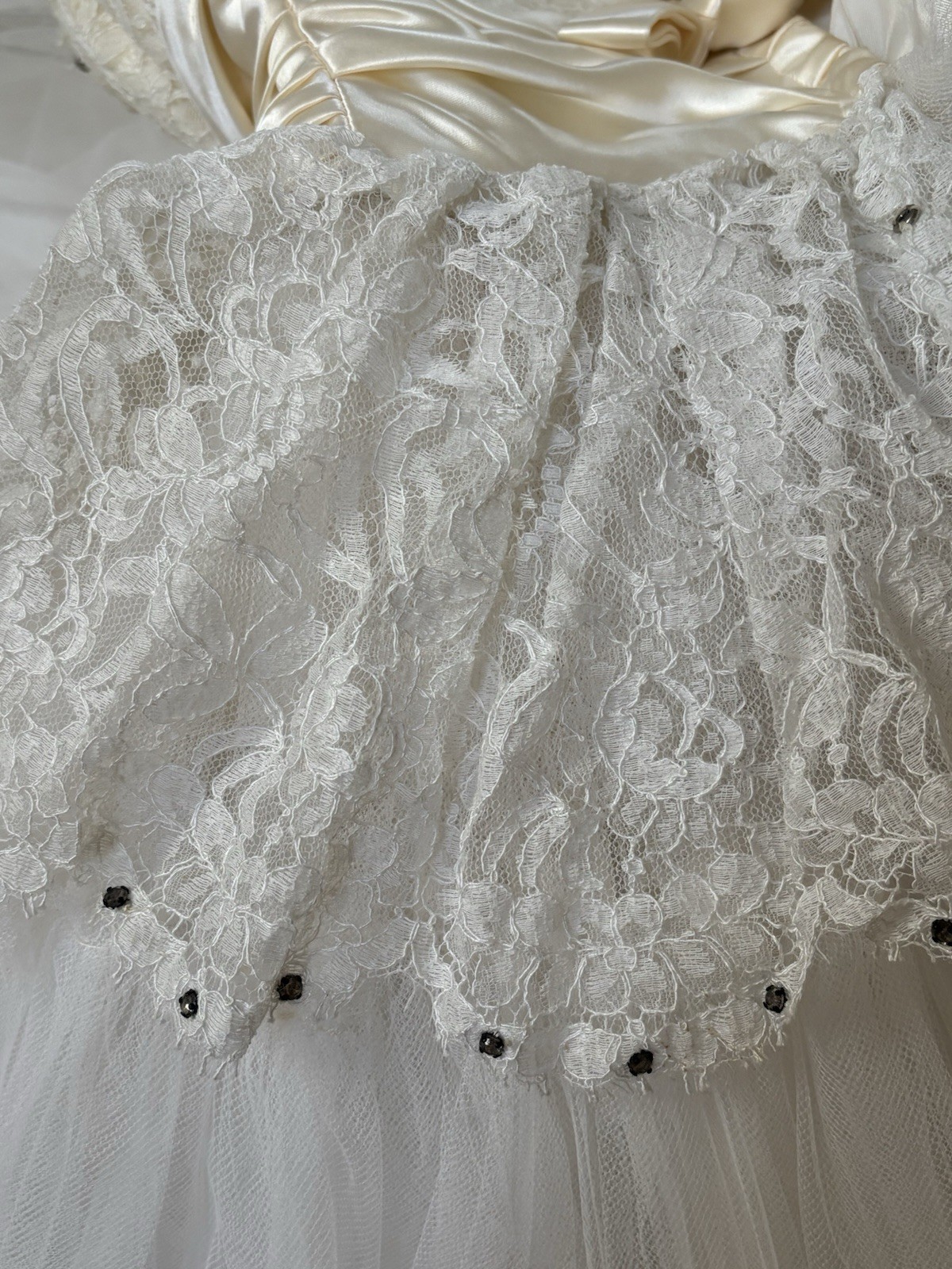 Vtg 1950s Ivory Lace Tulle Bridal Prom Dress Wedding Gown Petticoat Rhinestones