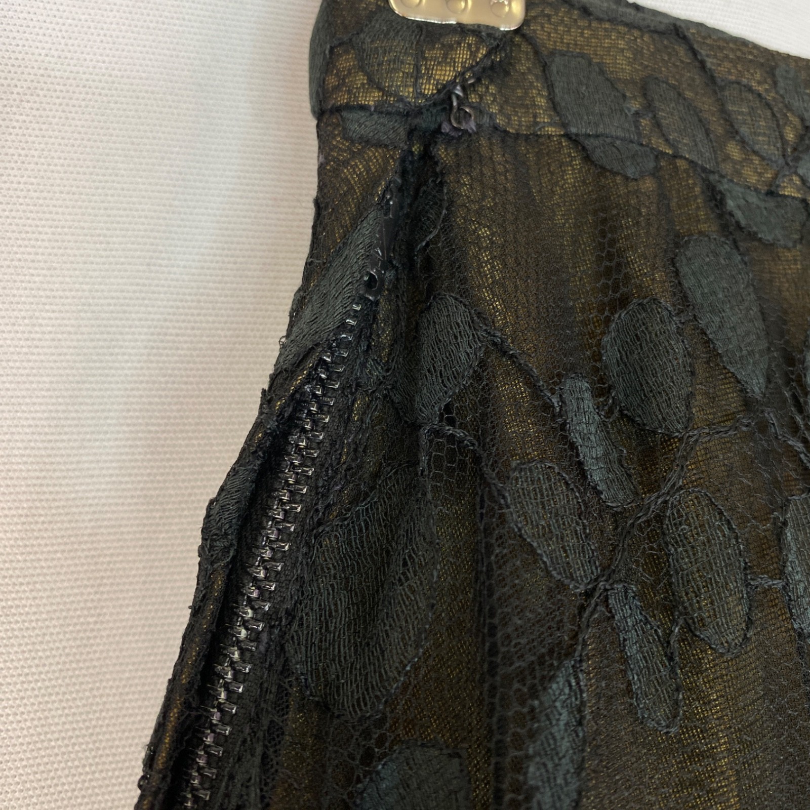 Vintage 1950s black lace midi skirt XS green chartreuse satin high waist pin-up