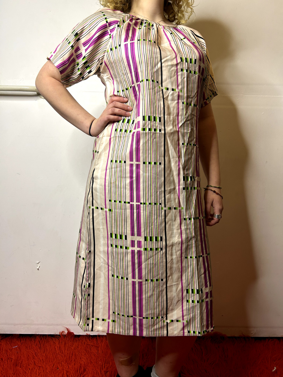 Vintage 1970s Smock Dress Gathered Neckline Short Sleeve Geometric Print AU 14